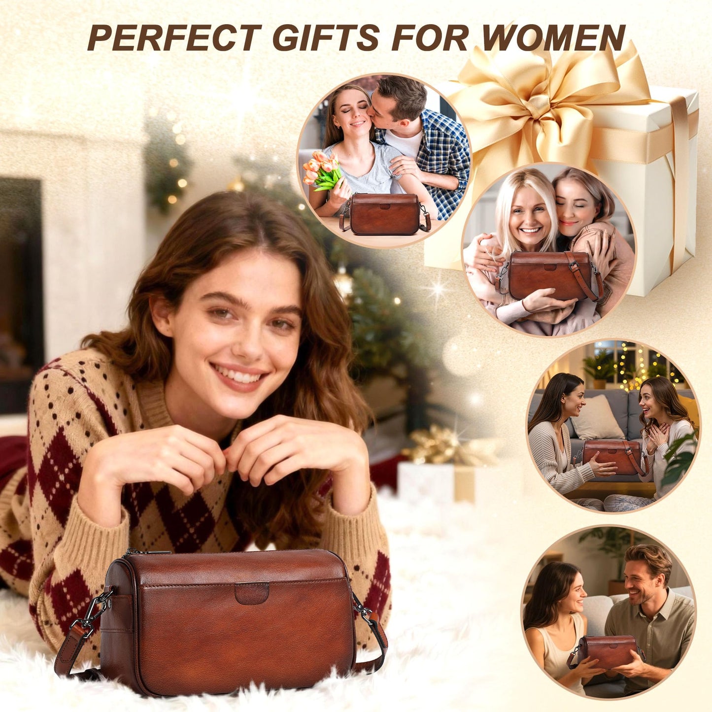 Genuine Leather Crossbody Purses Bag for Women,Travel Casual Handbag Bag, Small Shoulder Cross body Purse with Two Adjustable Straps(Brown)