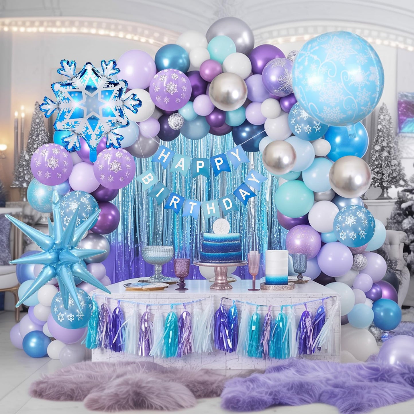 Winter Snow Birthday Party Decorations, 4D Snowflake Winter Wonderlan Balloon Garland Arch Kit Blue Purple Silver Balloons for Princess Baby Its Cold Outside Onderland Birthday Party Decoration