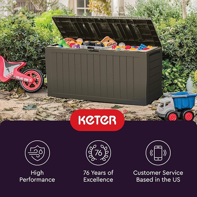 Keter Marvel Plus 71 Gallon Resin Outdoor Storage Box for Patio Furniture Cushions, Throw Pillows, Garden Tools and Pool Floats, Taupe