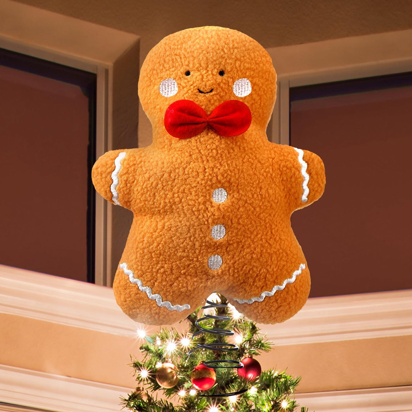 Gejoy Christmas Gingerbread Tree Topper Plush Stuffed Tree Toppers Ornaments for Christmas Party Indoor Xmas Holiday Festive Home Decoration