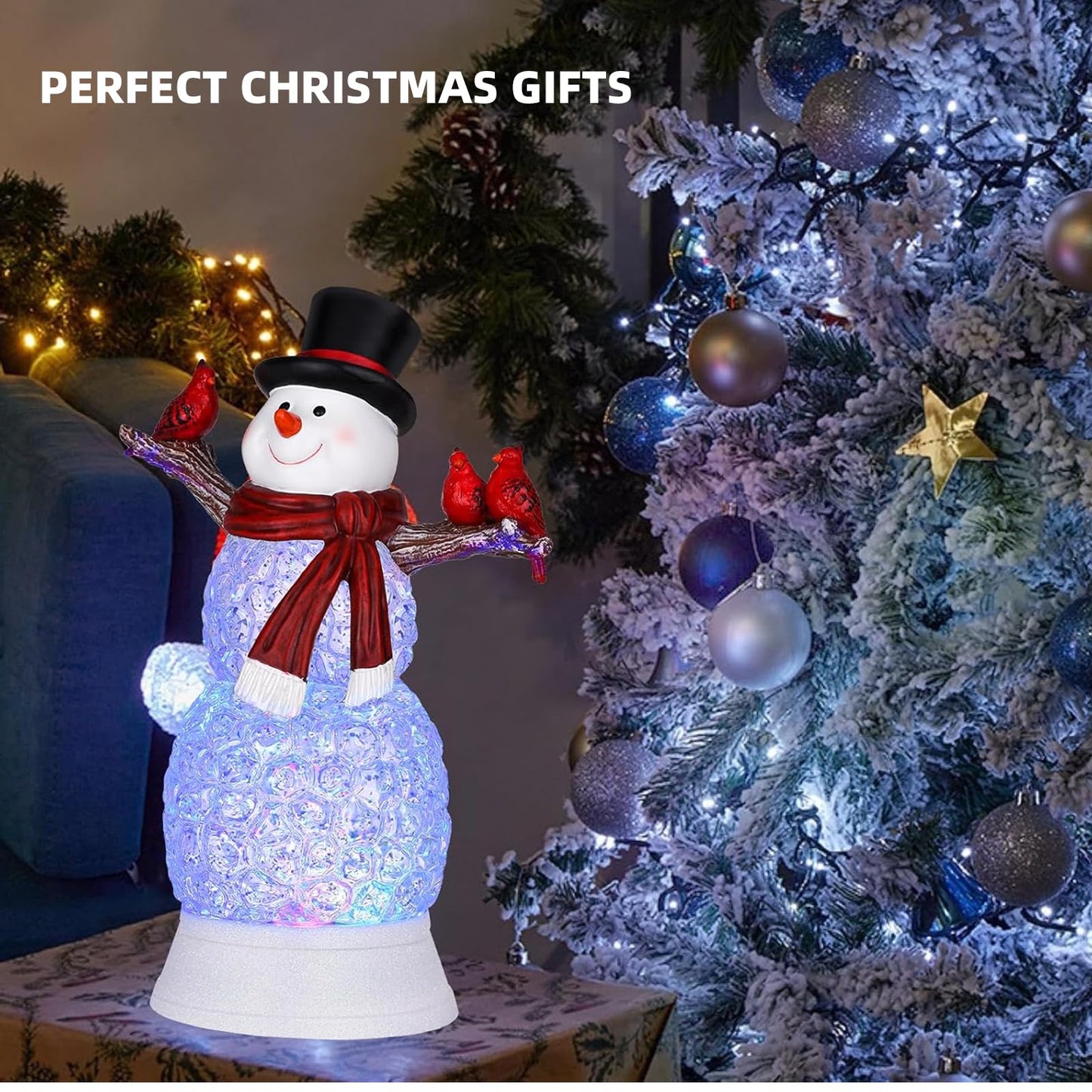 LEYUPEAK Christmas Snowman Snow Globe, Lighted Musical Cardinal Lantern with Glitter, Acrylic Snowman Figurines Holiday Tabletop Decorations Cardinal Gift, USB & Battery Operated, 6h Timer