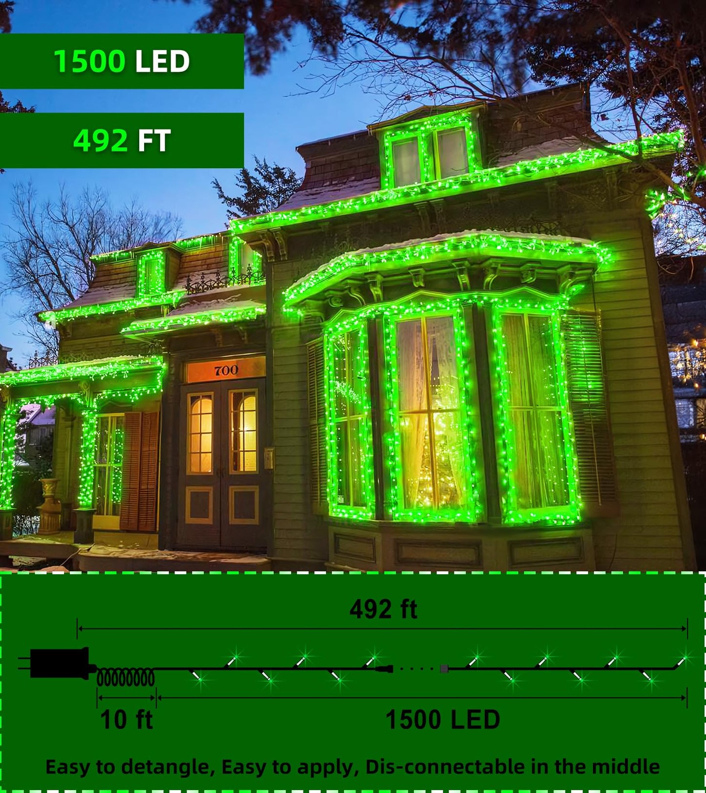 QUHUATU 1500 LED Chrstmas String Lights, 492FT Super Long Christmas Lights with 8 Modes, Christmas Tree Lights with Timer Memory for Indoor Outdoor Tree Fence Garden Xmas Wedding Party Decor Green