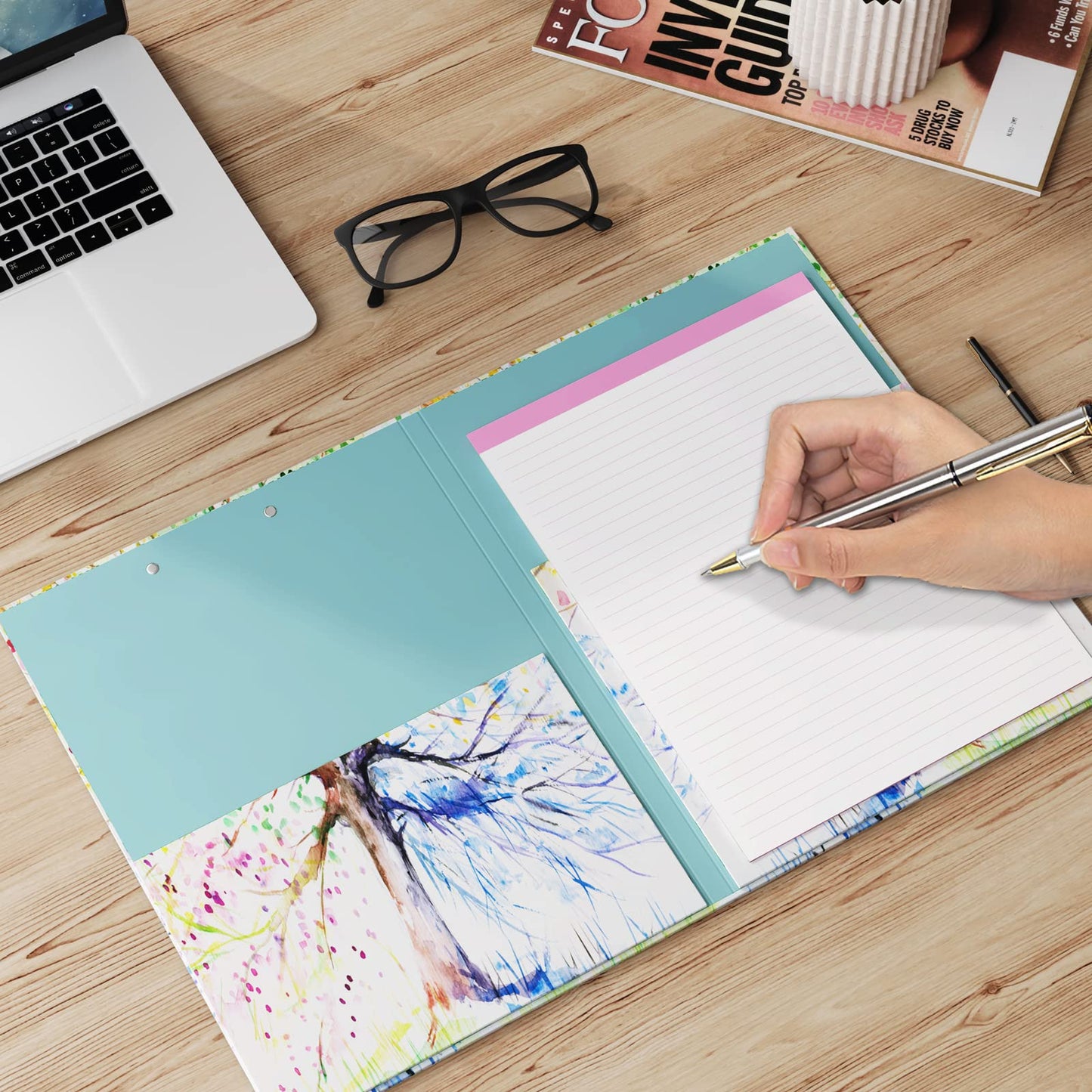 Cute Clipboard Folio with Refillable Lined Notepad and Interior Storage Pocket for Office Stylish A4 Foldable Clipfolio - Tree Seasons