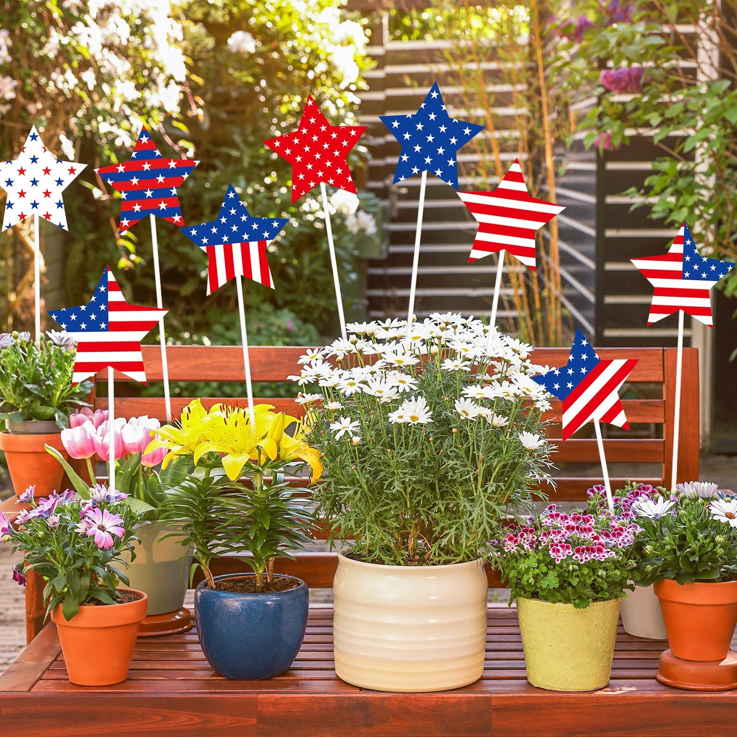 JarThenaAMCS 9Pcs Patriotic Star Metal Planter Stakes 4th of July Decorative Garden Stakes Star and Stripes Yard Sign for 250th Anniversary Planter Pot Walkway Lawn Independence Day Decor