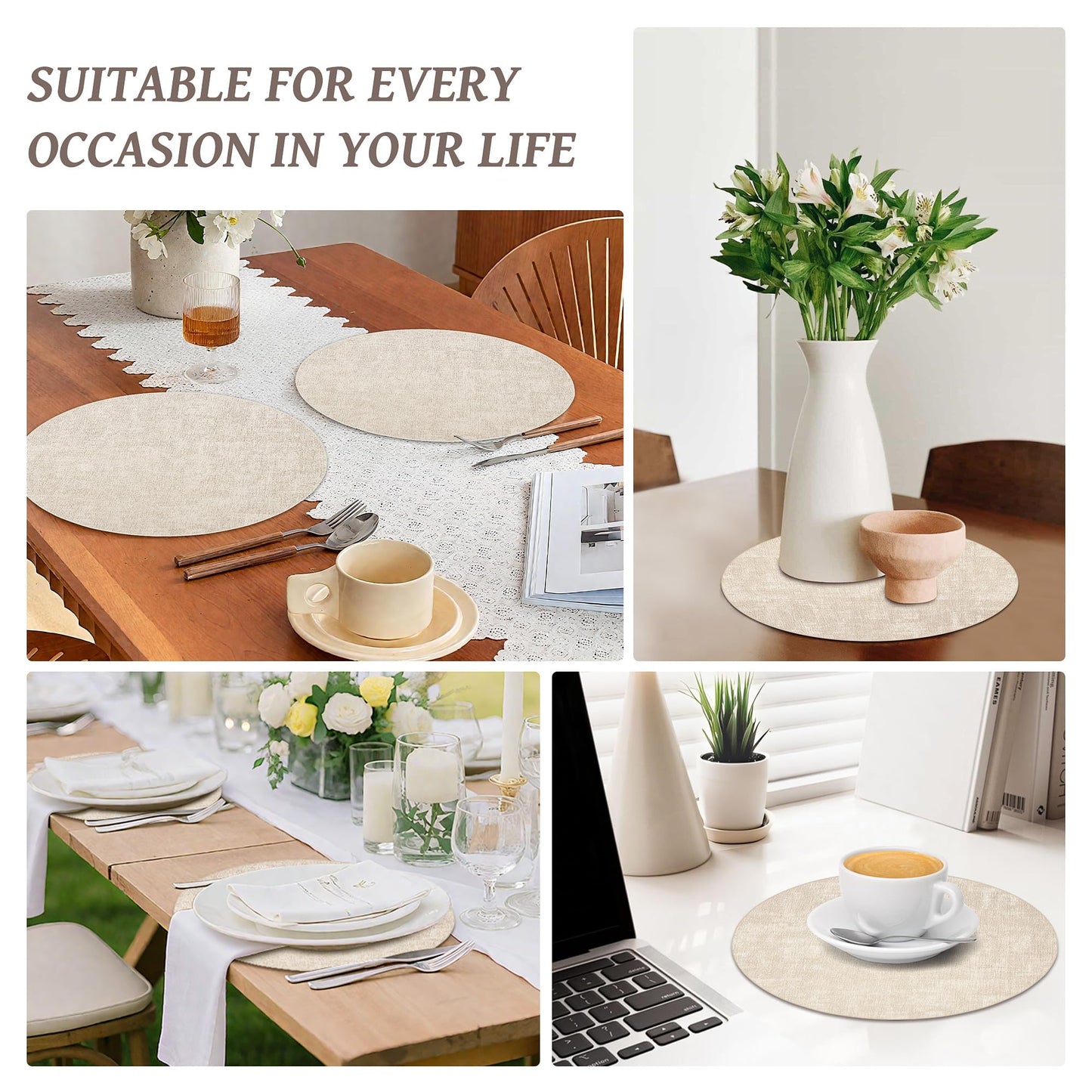 13" Round Placemats Set of 4, Reversible Faux Leather Heat Resistant Table Mats, 100% Waterproof Oilproof Wipeable Table Protective Placemats for Vinyl, Washable for Indoor & Outdoor Use (4, Beige)