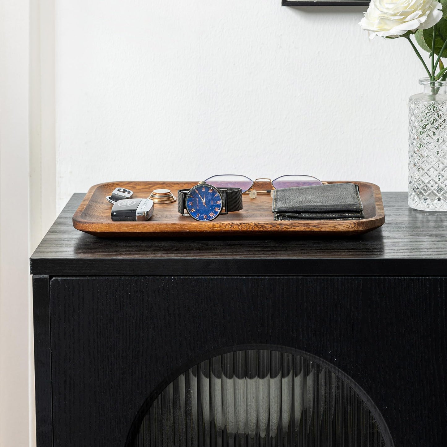 Velinjowy Serving Acacia Wood Valet Tray for Men Women, Catch All Acacia Mens Key Dump Bedside Nightstand Organizer EDC Decorative Wooden Tray for Phone Watch Wallet Keys Jewelry