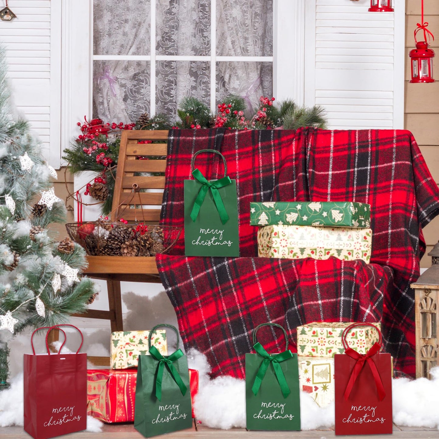 JarThenaAMCS 48Pcs Merry Christmas Kraft Paper Gift Bag with Bow Red Green Treat Bags with Handles Candy Goodie Bags for Winter Xmas Holiday Birthday Wedding Party Favors Supplies