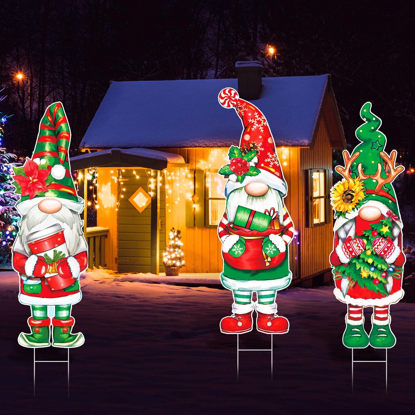 Umigy 3 Pcs Christmas Yard Sign Outdoor Gnome Signs With Stakes 32 x 10'' Santa Decorations Xmas Pathway Walkway Decor Eve Party Favors for Lawn Garden Patio