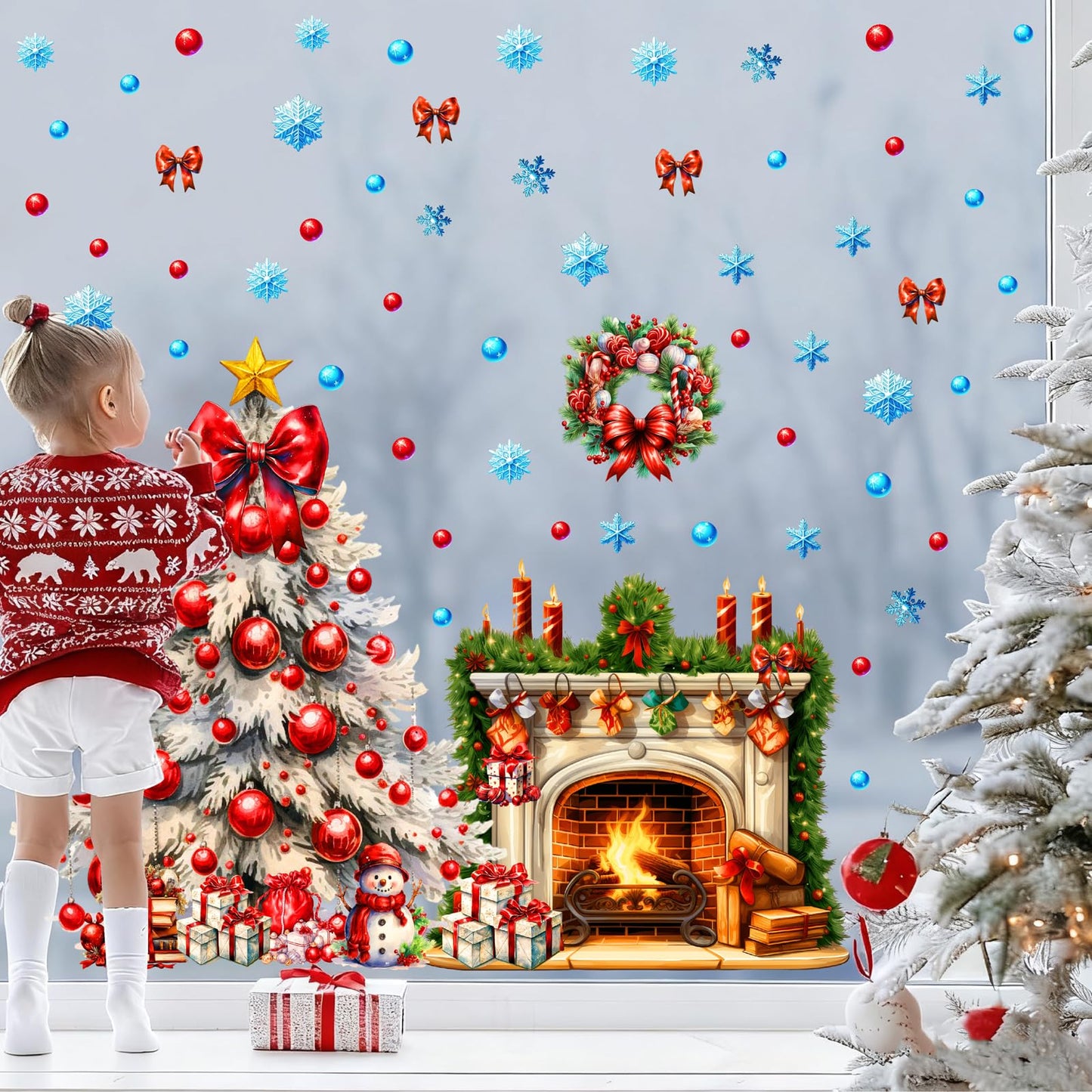 Christmas Tree Wall Stickers Xmas Fireplace Wall Decals Peel and Stick Winter Snowflake Wall Decals Winter Holiday Snow Fireplace Tree Window Decal Christmas Window Stickers Party Decorations
