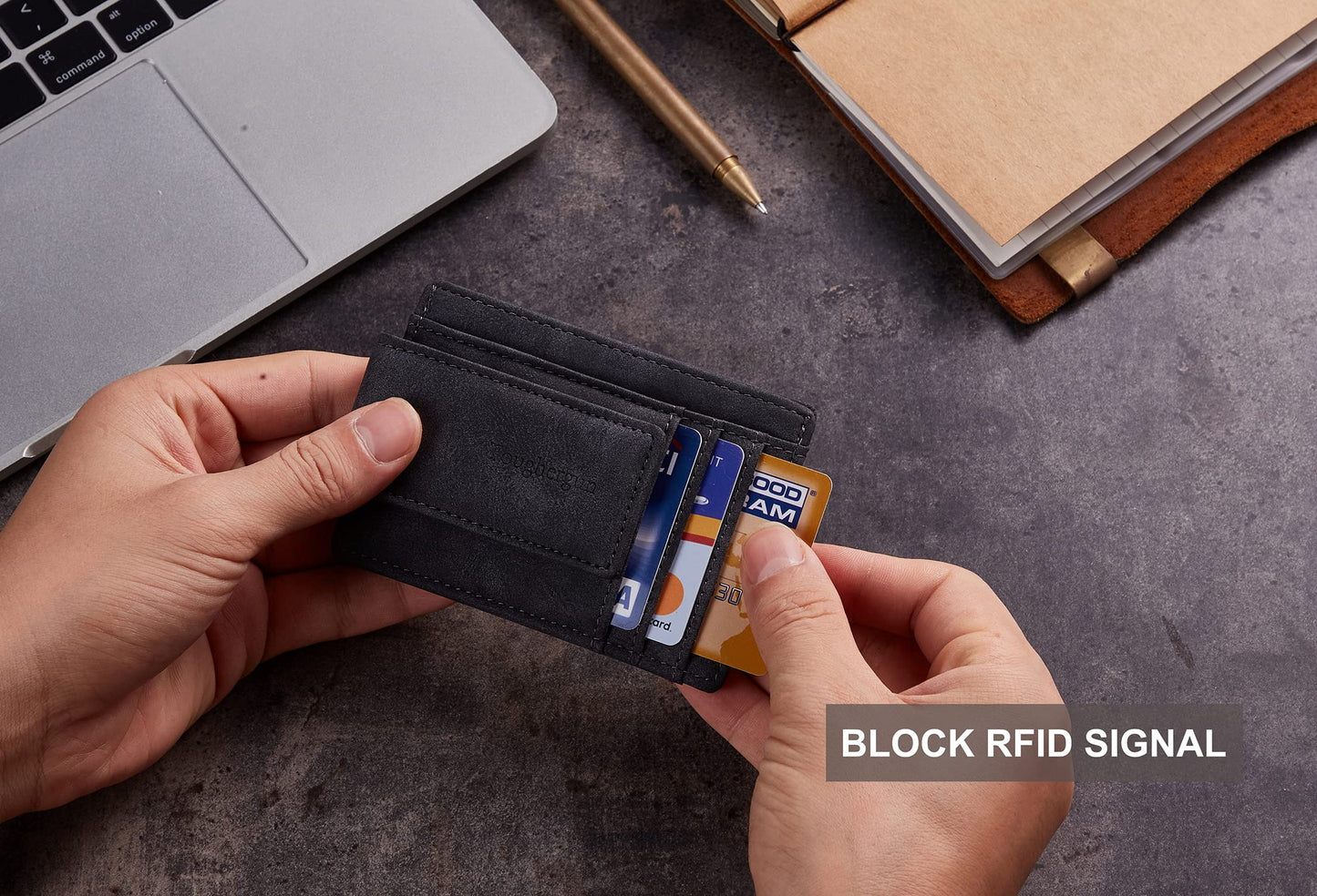 Toughergun Minimalist Wallet for Men with Magnetic Money Clip Leather Slim Wallet, Credit Card Holder RFID Blocking Front Pocket Holds Cash and Cards (Deep Grey)