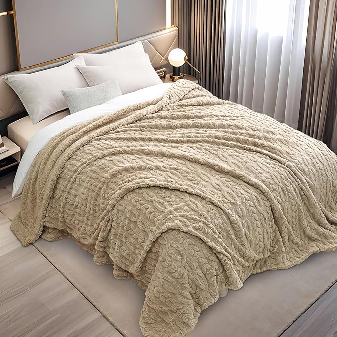 PHF Fluffy Sherpa Blanket Queen Size for Winter, Warm and Soft, 510GSM 3D Jacquard Thick Shaggy Fleece Plush Blanket for Sofa Bed, Khaki, 90"x90"