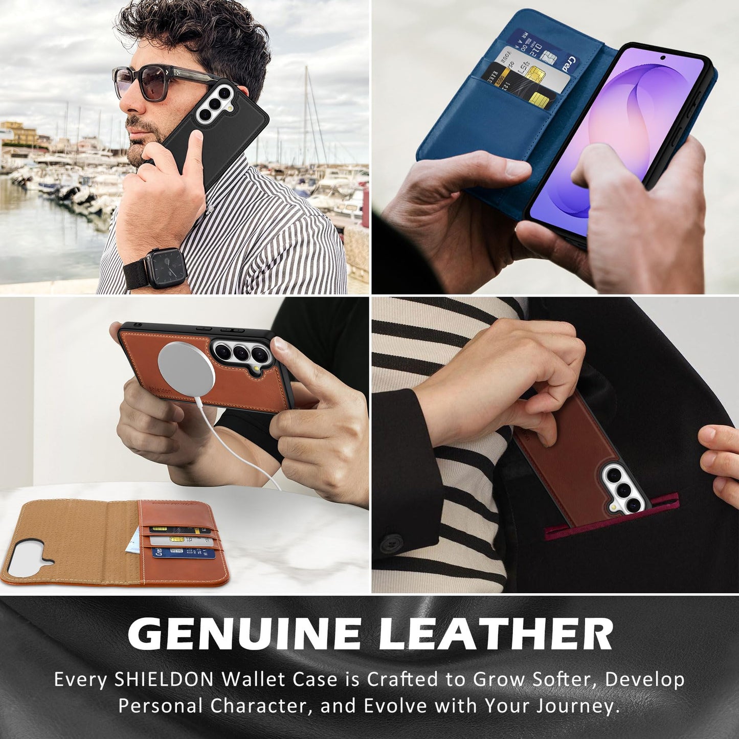 SHIELDON Real Leather Wallet Case for Galaxy S26+ 6.7", Detachable, RFID Blocking Credit Card Slot, Flip Magnetic Closure, Kickstand, Wireless Charging, Removable Shock Absorbing Cover - Navy Blue