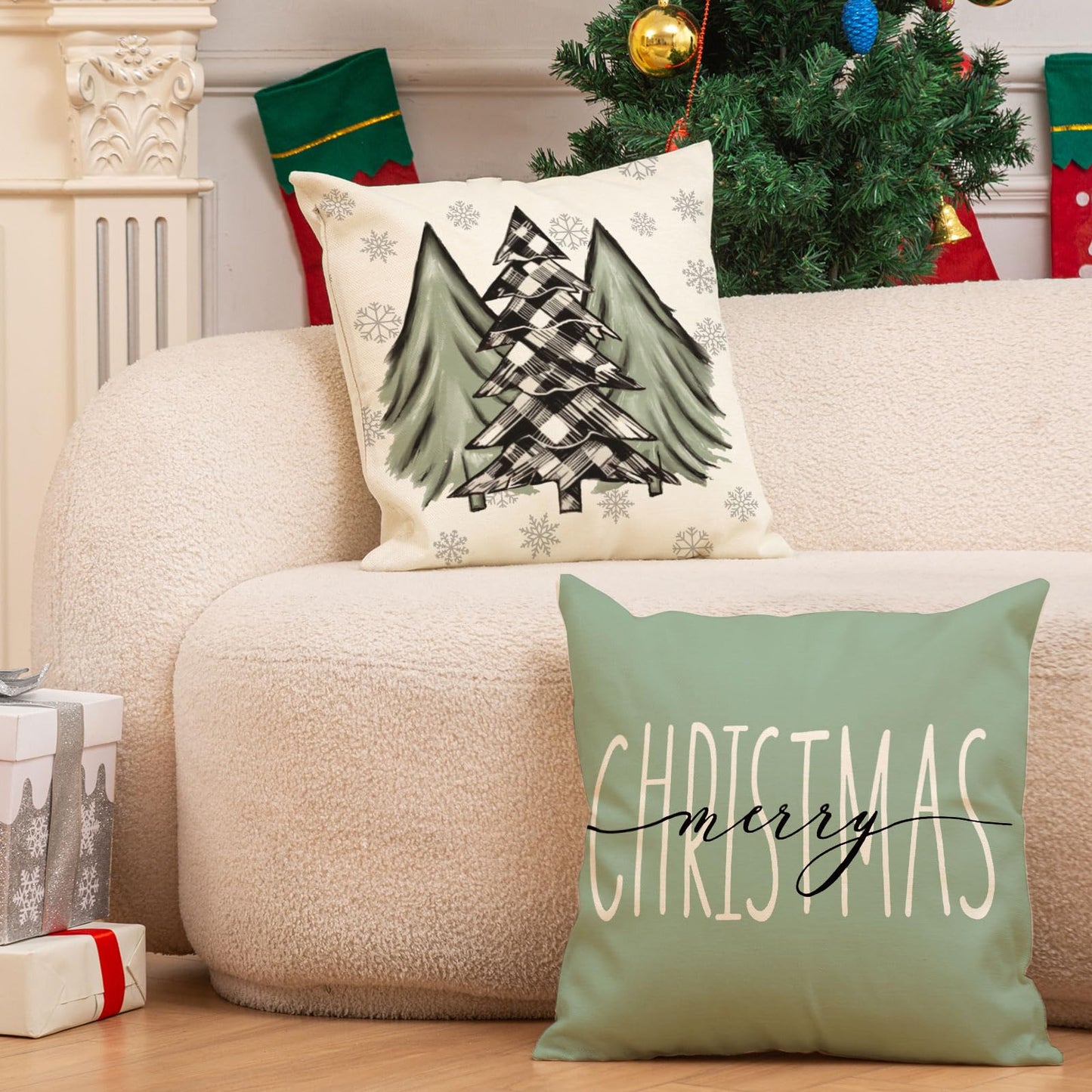 Christmas Throw Pillow Covers Sage Green Christmas Tree Truck Pillow Case Xmas Winter Farmhouse Decorative Cushion Case for Home Office Room Couch Sofa, 18 x 18 Inch, 4 Packs