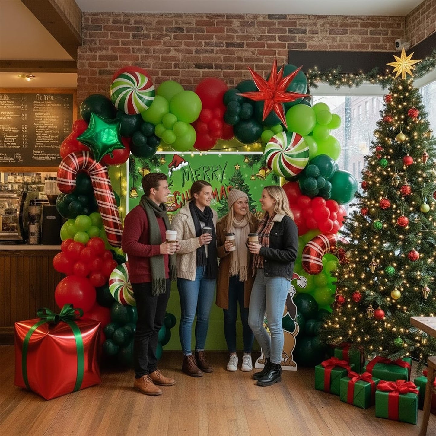 Christmas Balloon Garland Arch Kit with backdrop Xmas Red Green Balloons Candy Cane Gift Box Star Foil Balloons for Christmas New Year Birthday Party Decorations (Red Green)