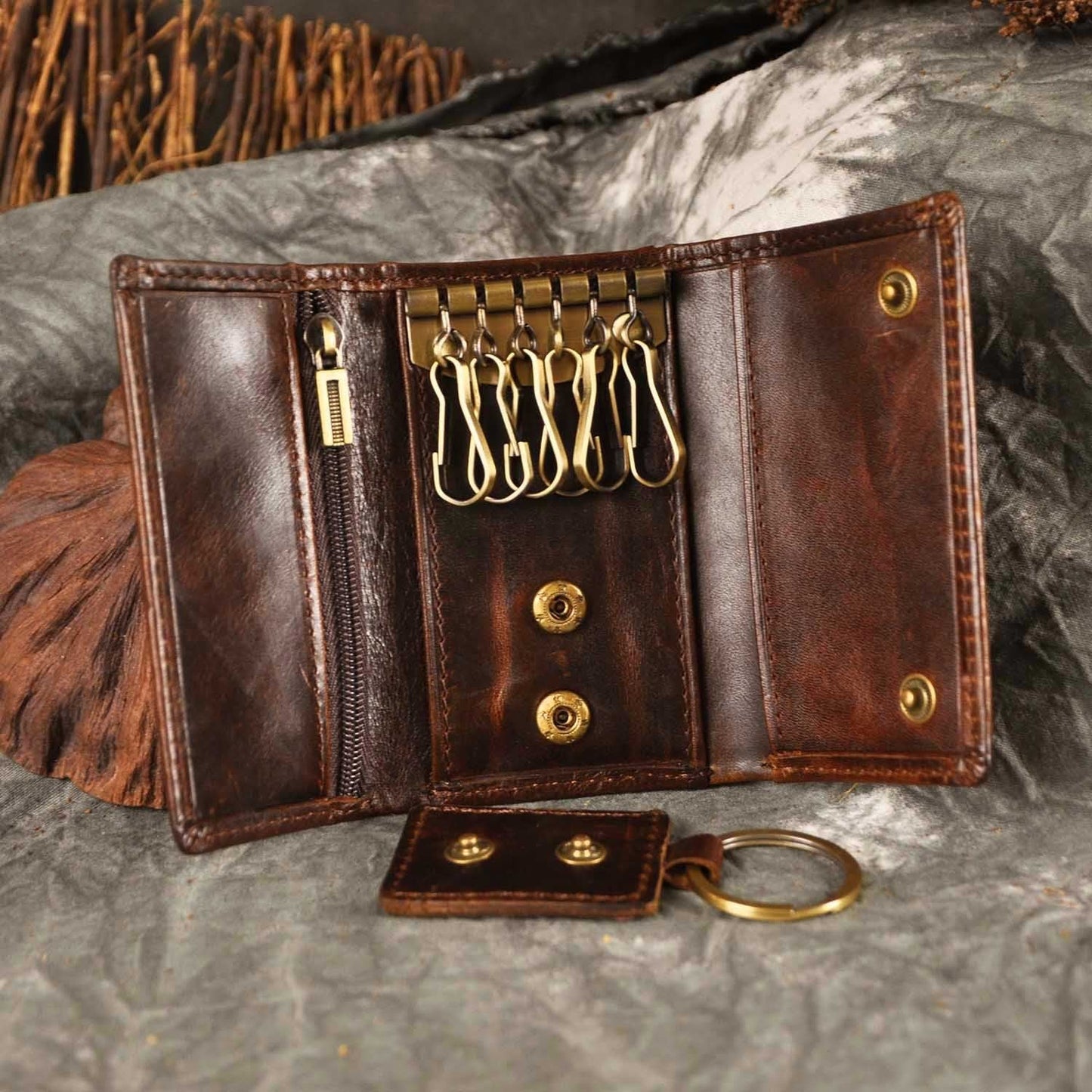 Plinvo Men's Genuine Leather Key Case with Snap Hook Loop for Car Keys & Coins Compact Wallet Design (Coffee 2)