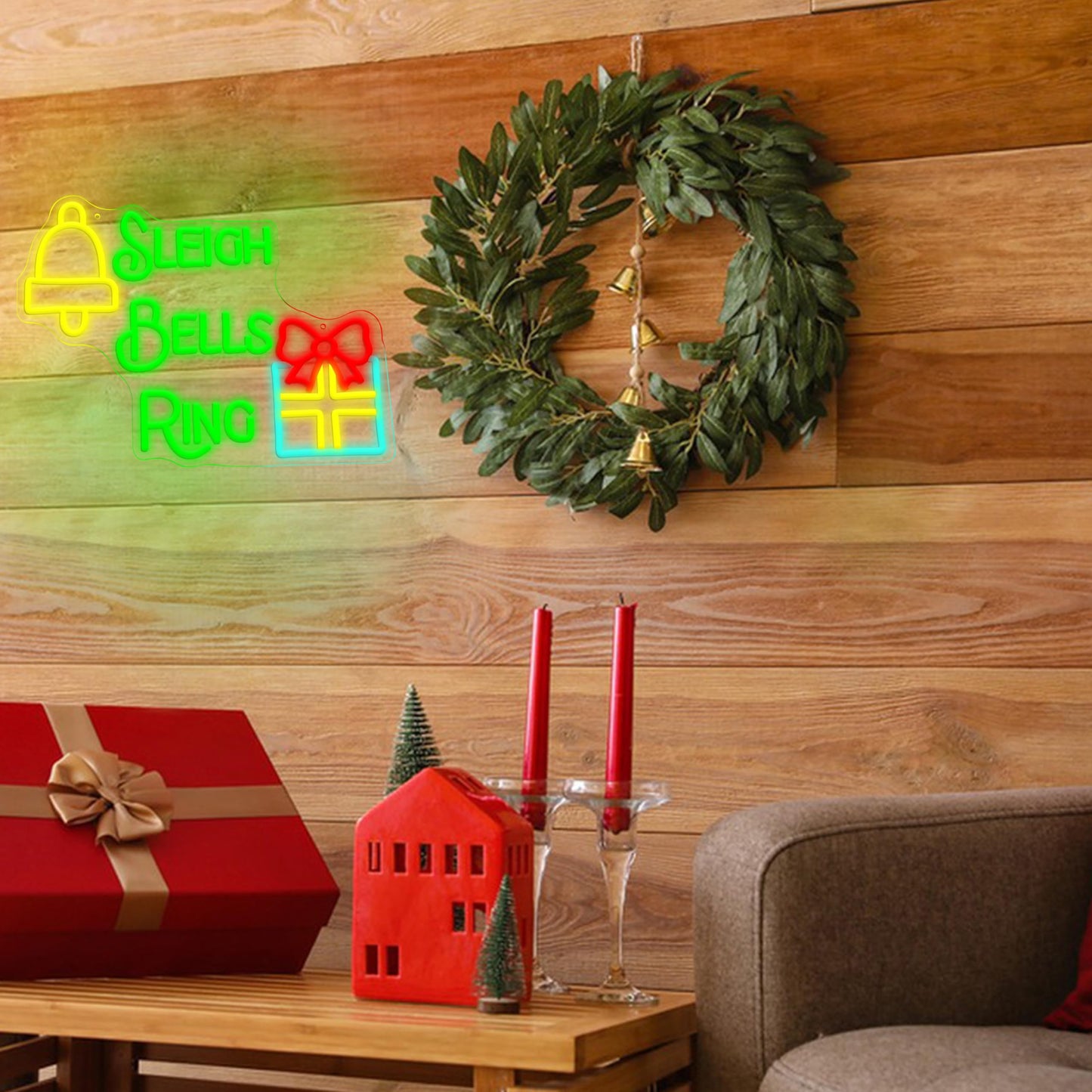 AEHEMNGZ Sleigh Bells Ring Neon Sign for Wall Decor Bells Christmas Neon Light for Party Holiday Home Decor Fun Christmas Gift Idea(16.5 * 12.6 In)