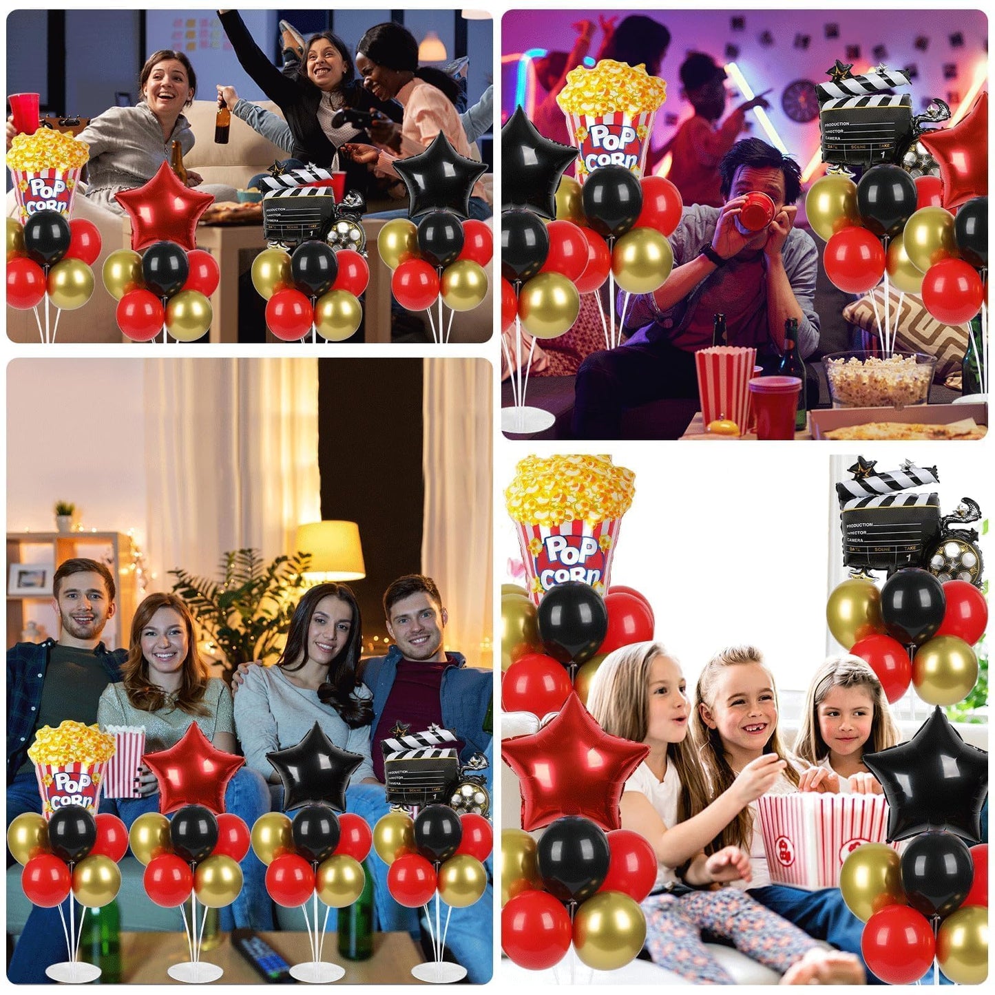 4 Sets Movie Night Party Balloons Stand Kit with Popcorn Clapboard Star Foil Balloons Red Black Gold Themed Party Balloon Centerpiece for Tables for Birthday Camera Film Party Movie Themed Decorations