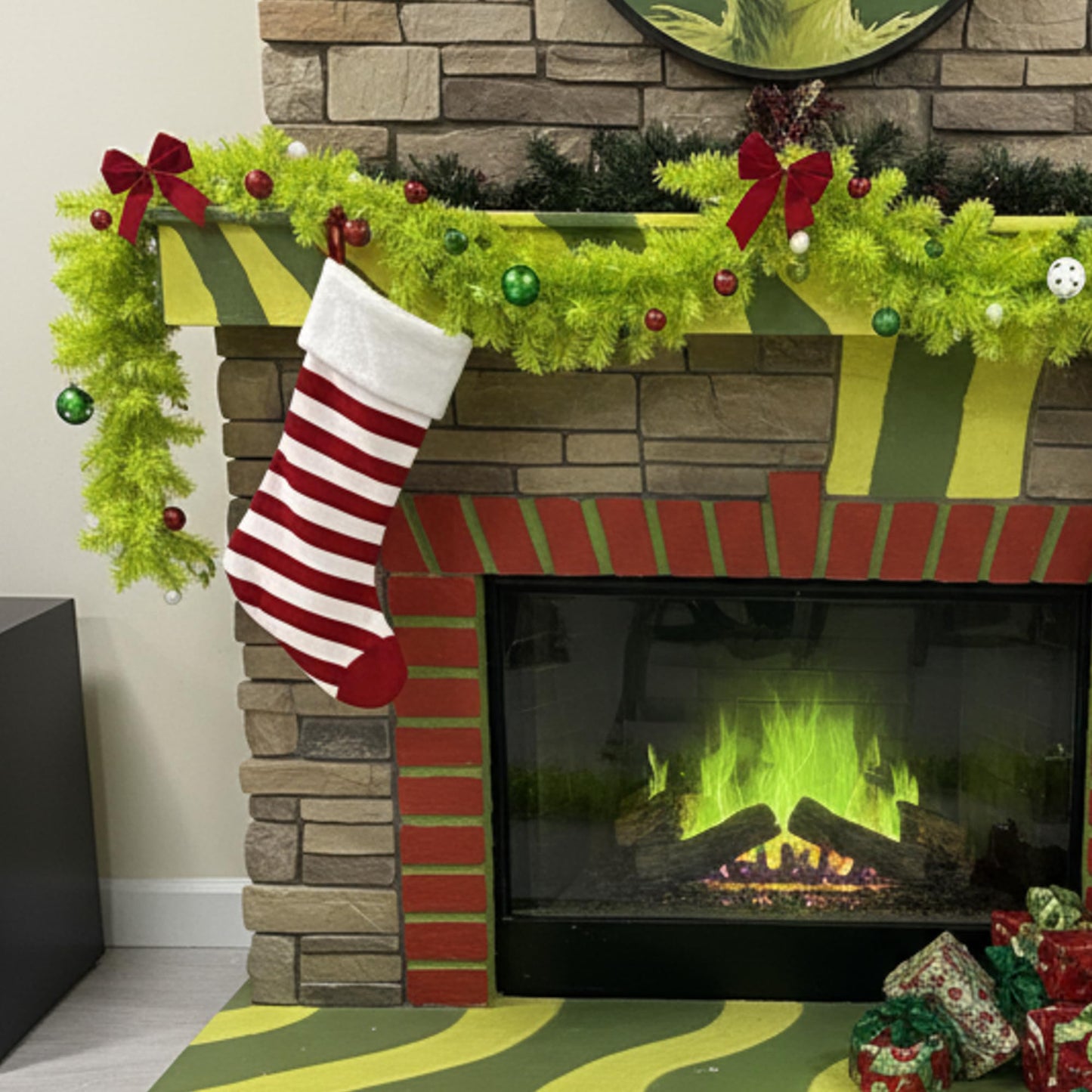 Jutom 6 Feet Christmas Green Garland with Red Green Balls Xmas Tree Winding Garland Artificial Furry Stripe Accessory for Front Door Fireplace Table Centerpiece Outdoor Decor