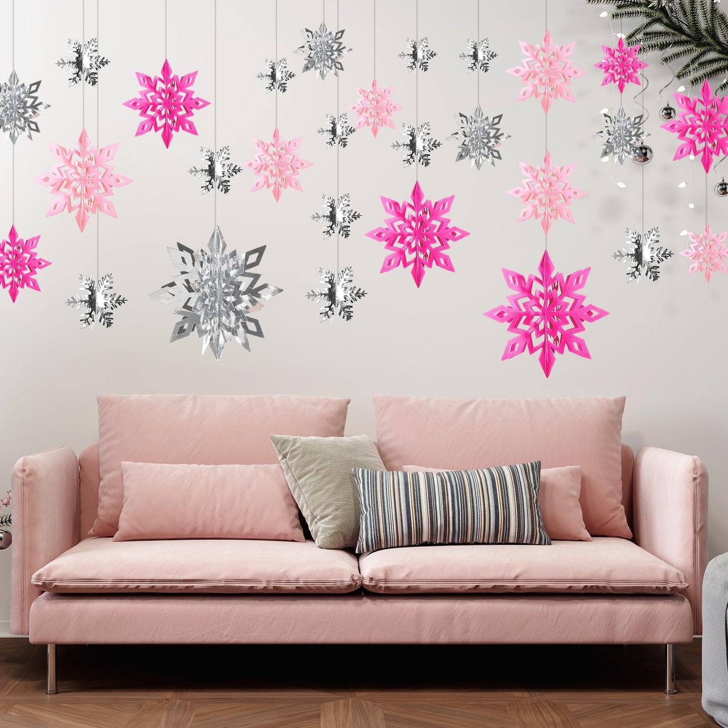 Whaline 30Pcs Christmas Hanging Decorations Large 3D Pink Silver Snowflake Paper Pendant Ornament with String Silver Snowflake Garland for Xmas Winter Wonderland Party Home Ceiling