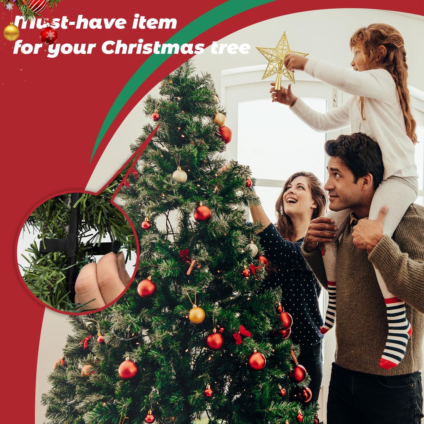 Christmas Tree Topper, 7.5 Inch Gold Star Tree Topper with Topper Stabilizer Supporter, Xmas Star Treetop Toppers Christmas Trees Decorations Ornaments for Holiday Home Decor