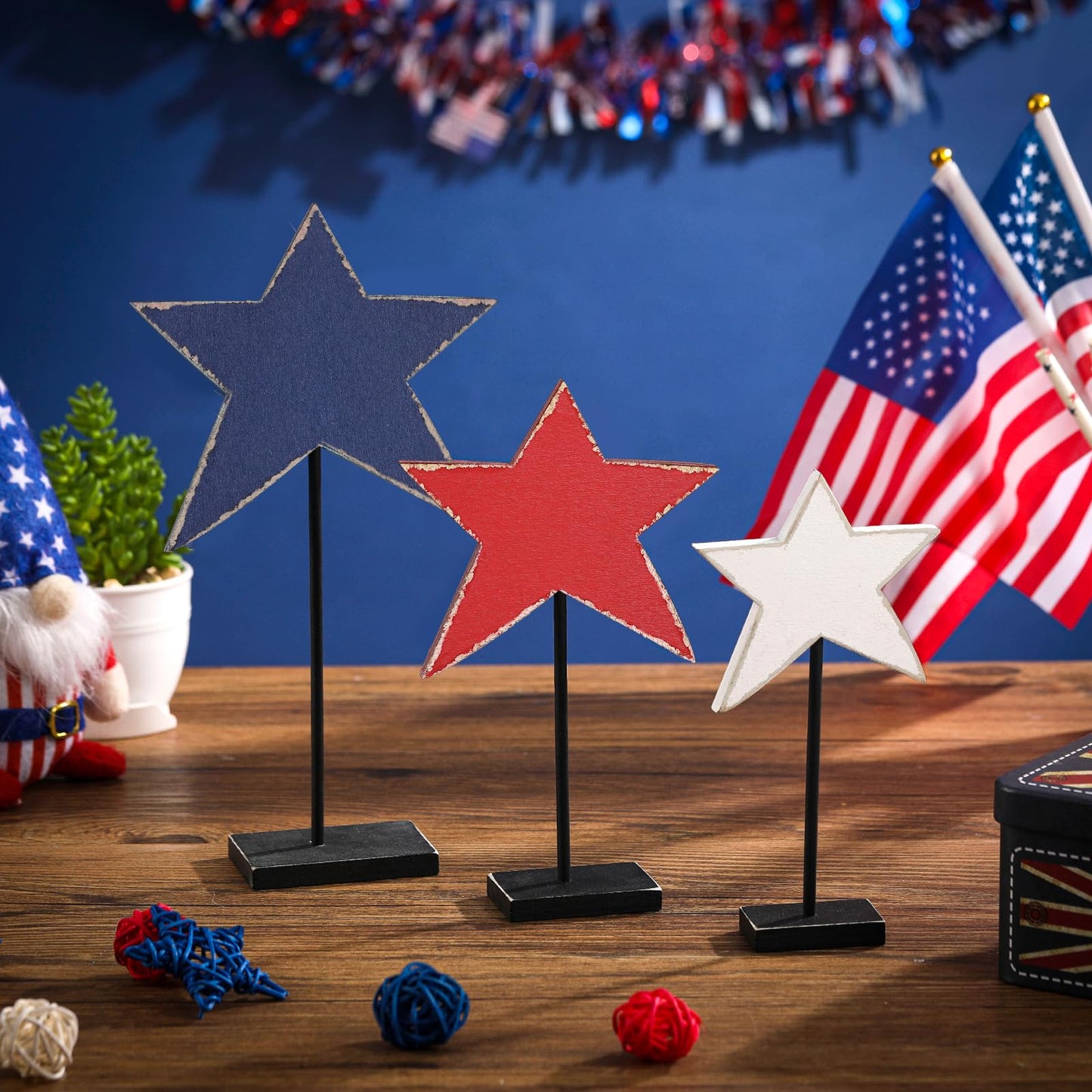 DoubleFill 3 Pcs 4th of July Patriotic Star Decorations 250th Anniversary Memorial Day Table Decoration Red Blue White Star Sign Standing Independence Day Tabletop Centerpieces for Home Office Decor