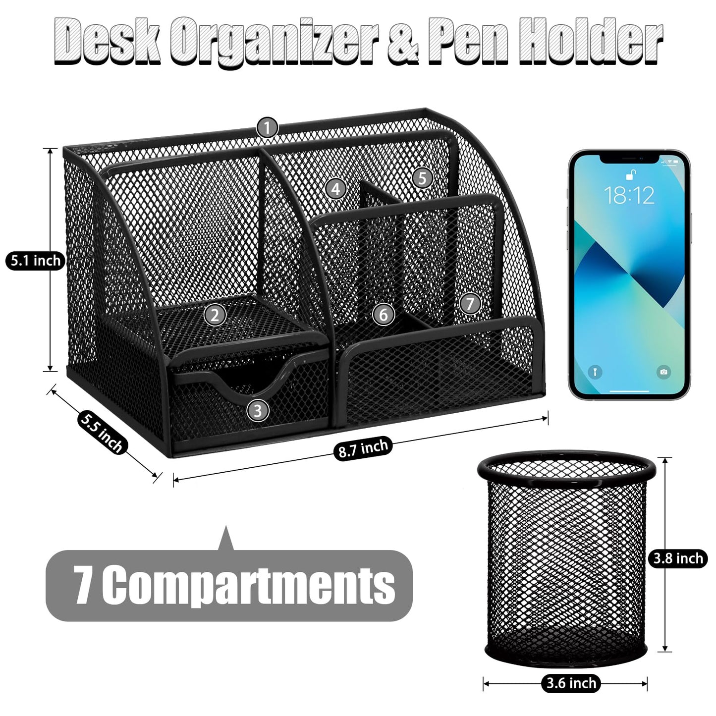 SYMDROMIA 13-in-1 Office Desk Organizer Set with Stapler and Tape Dispenser, Pen Holder, Scissors, Ruler, Hole Punch, 2 Pens & More Desktop Accessories for Back to School Supplies (Black)