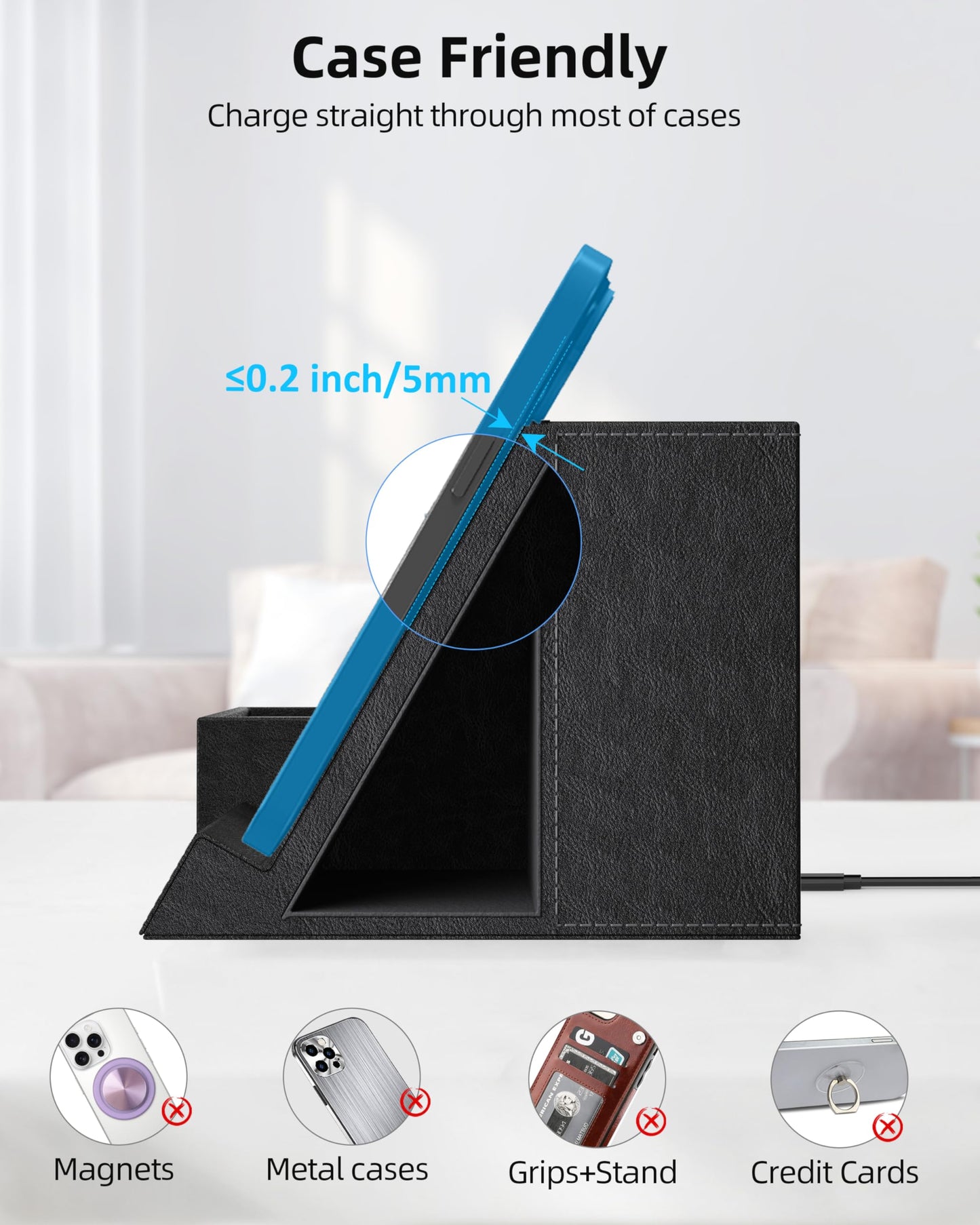 Investme Wireless Charger with Desk Organizer, Pen Pencil Holder, Multifunctional Desktop Organizer, Office Supplies and Desk Accessories Organizer with 3 Compartments and 1 Phone Stand, PU Black