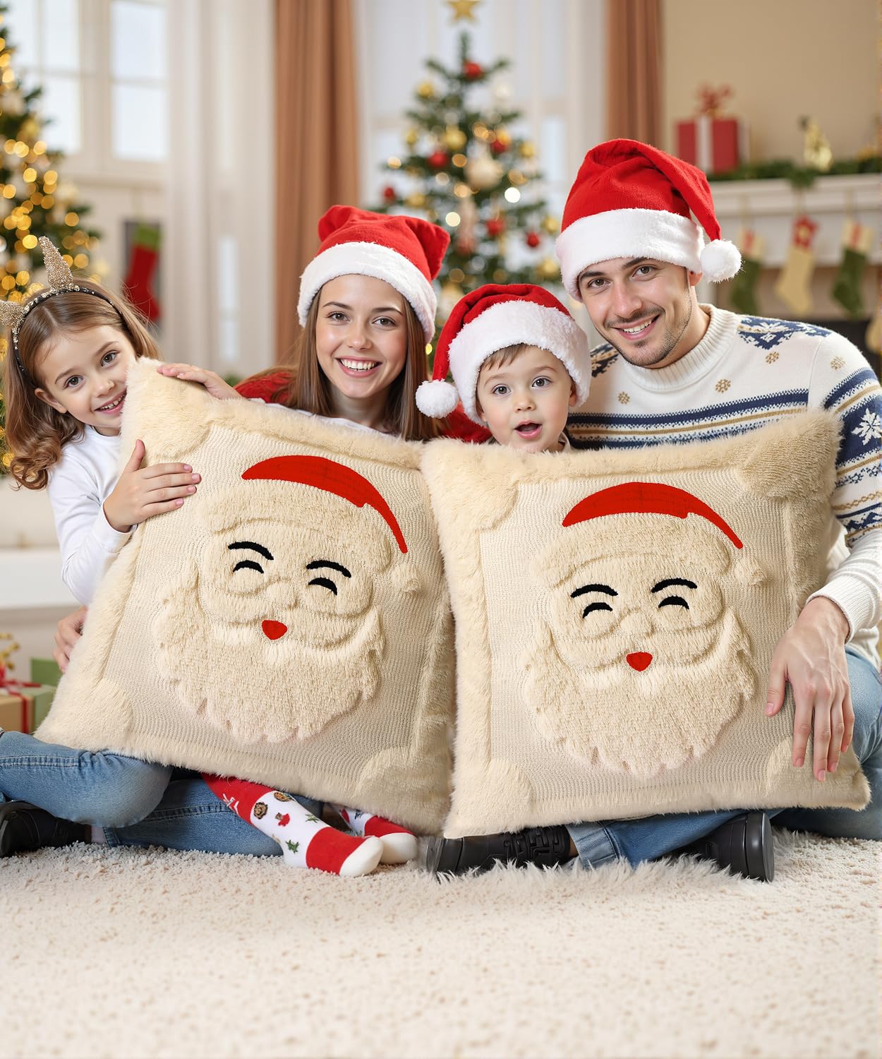 SEGXCFL Christmas Pillow Covers Set of 2 Soft Plush Faux Fur Pillow Cases 3D Embroidered Decorative Couch Cover Home Decor Christmas Throw Pillow Covers 18x18,Beige Santa Clauss