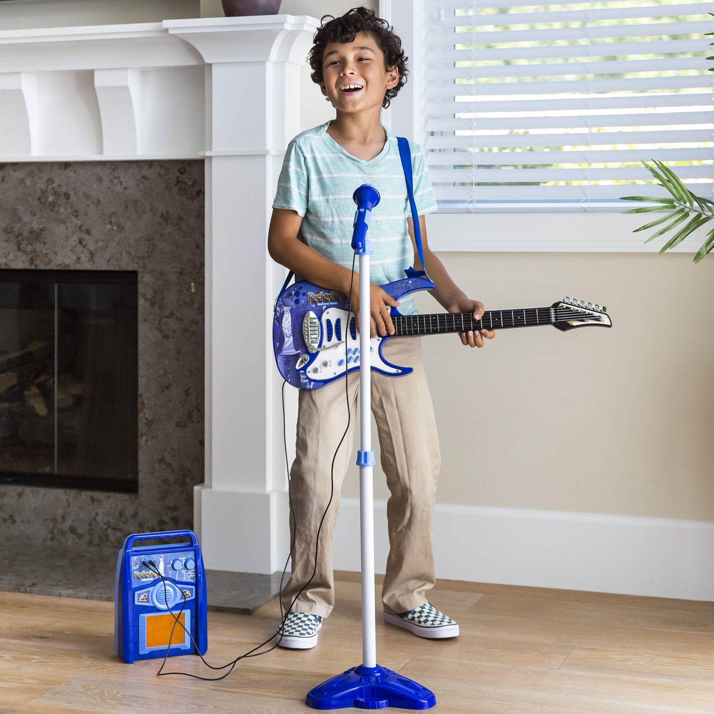 Best Choice Products Kids Electric Musical Guitar Play Set, Toy Guitar Starter Kit Bundle w/ 6 Demo Songs, Whammy Bar, Microphone, Amp, AUX, 2 Sticker Sheets - Blue