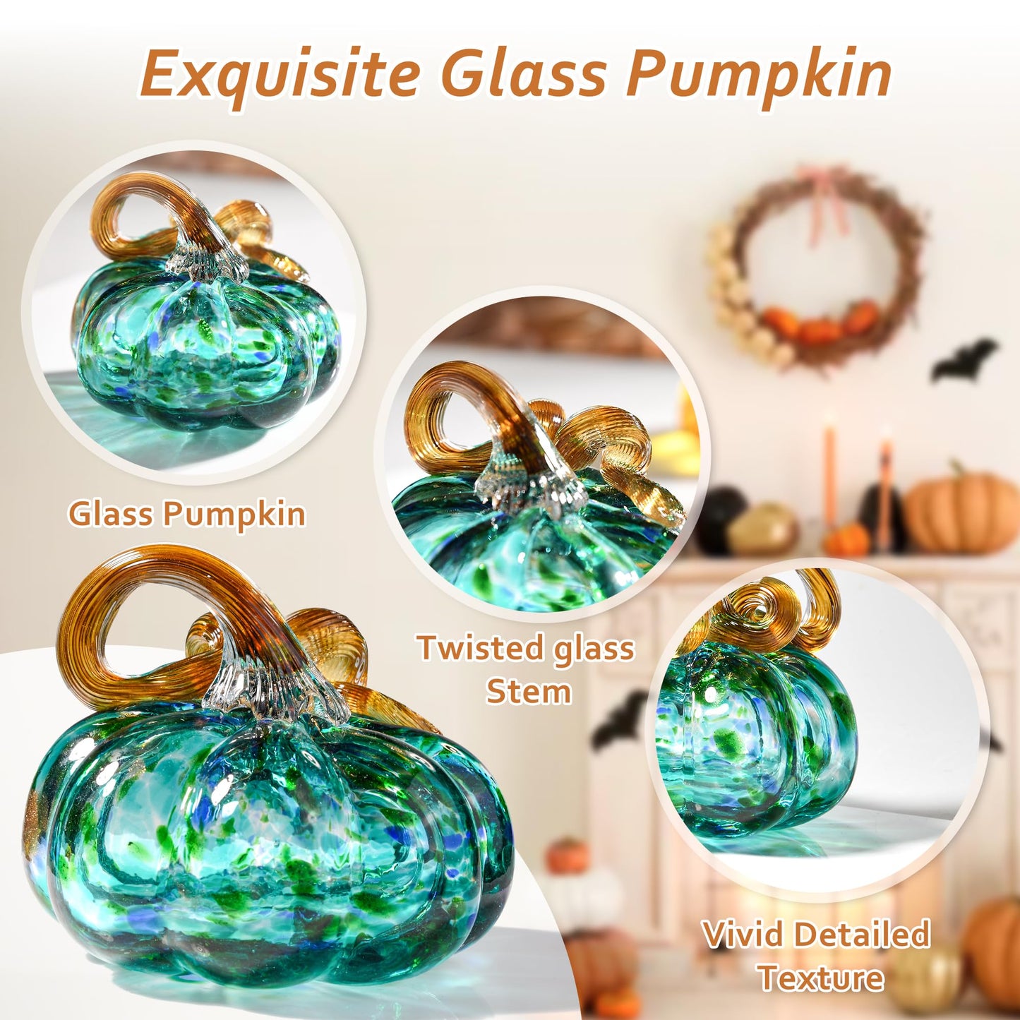 AOFEGRLT 3" Large Blown Glass Pumpkin Figurine Collectible Thanksgiving Fall Harvest Pumpkin Crystal Glass Paperweight Decorations for Home(Green)