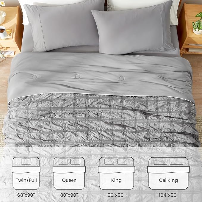 Cozy Bliss Cooling Comforter Queen Size Seersucker Plaid, Q-Max 0.4 Reversible Lightweight Cooling Blanket, Breathable Silk Smooth Summer Bedding Quilt for Hot Sleepers Night Sweats Dark Grey