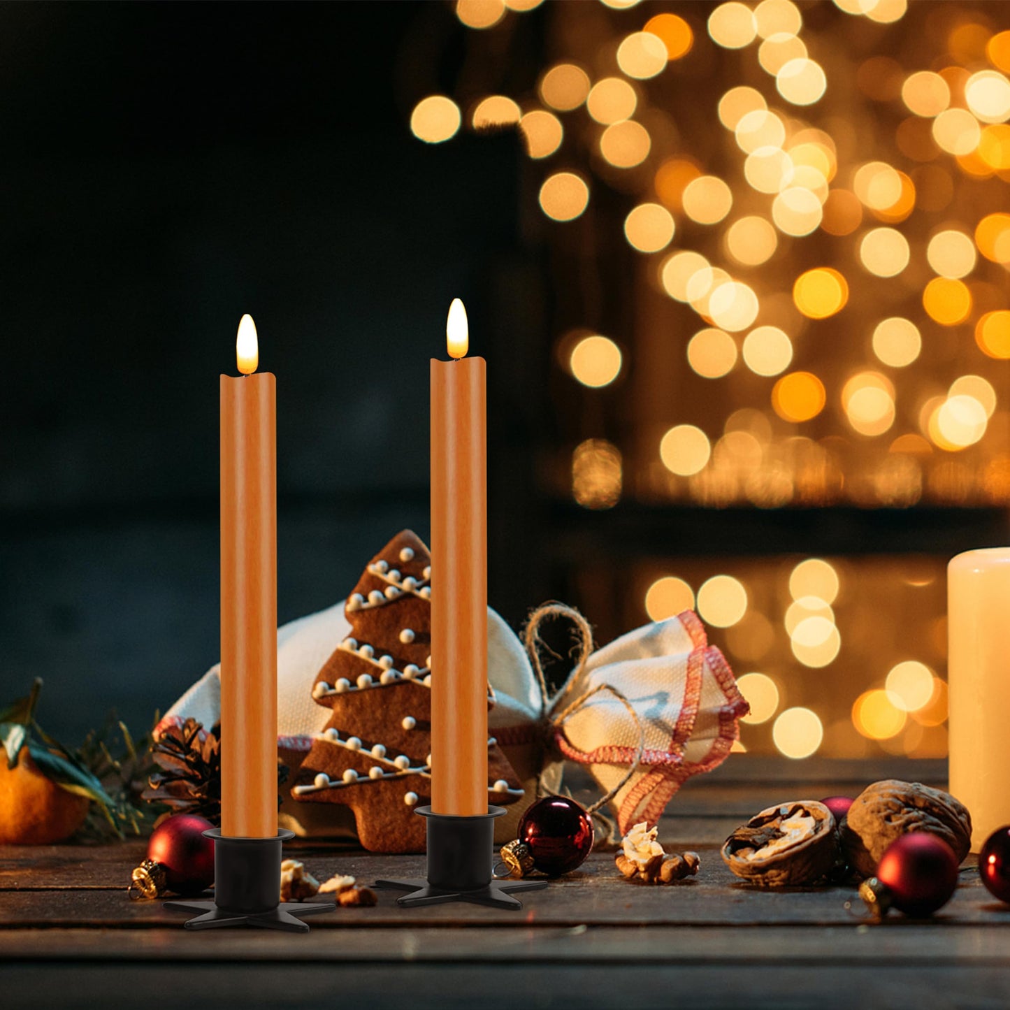 CVHOMEDECO. Real Wax Flameless Taper Candles with 10-Key Remote, Battery Operated Led Flickering 3D Wick Light Window Candles Home Christmas Party Decor 0.78 x 10 Inch, Pack of 2, Orange