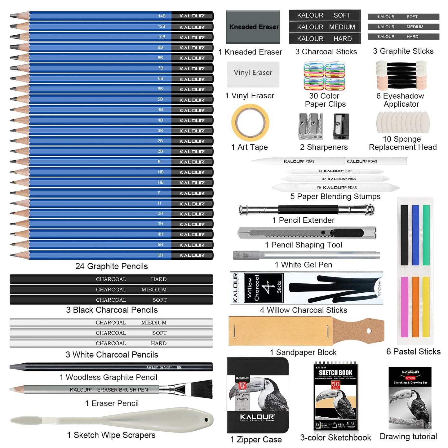 KALOUR PDAS 112 Drawing Set Sketch Kit, Pro Art Supplies with 3-Color Sketchbook, Graphite, Charcoal Pencils, Art Drawing Kit for Artists Adults Teens Beginners, Ideal for Shading & Blending