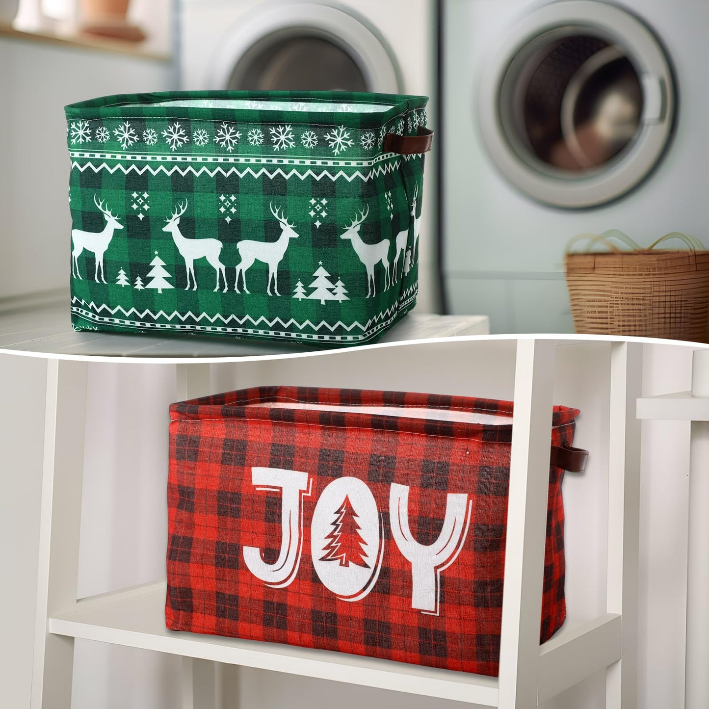 Capoda 4 Pack Christmas Storage Bin Large Collapsible Christmas Storage Baskets with Handles Canvas Green Red Plaid Organizer for Xmas Holiday Office Home Clothes Gifts Book Organization (4, Plaid)