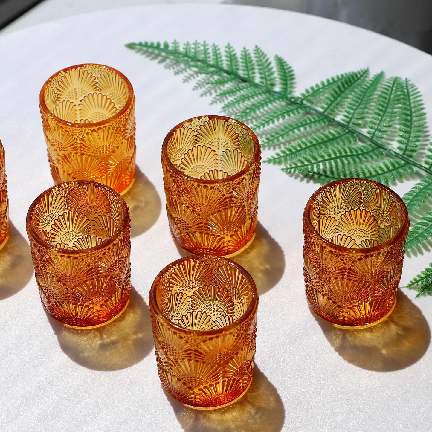 Woho 12Pcs Amber Votive Candle Holders, Glass Amber Candle Holder for Fall Wedding, Boho Tea Lights Candle Holder for Halloween Thanksgiving Centerpieces Table Decoration