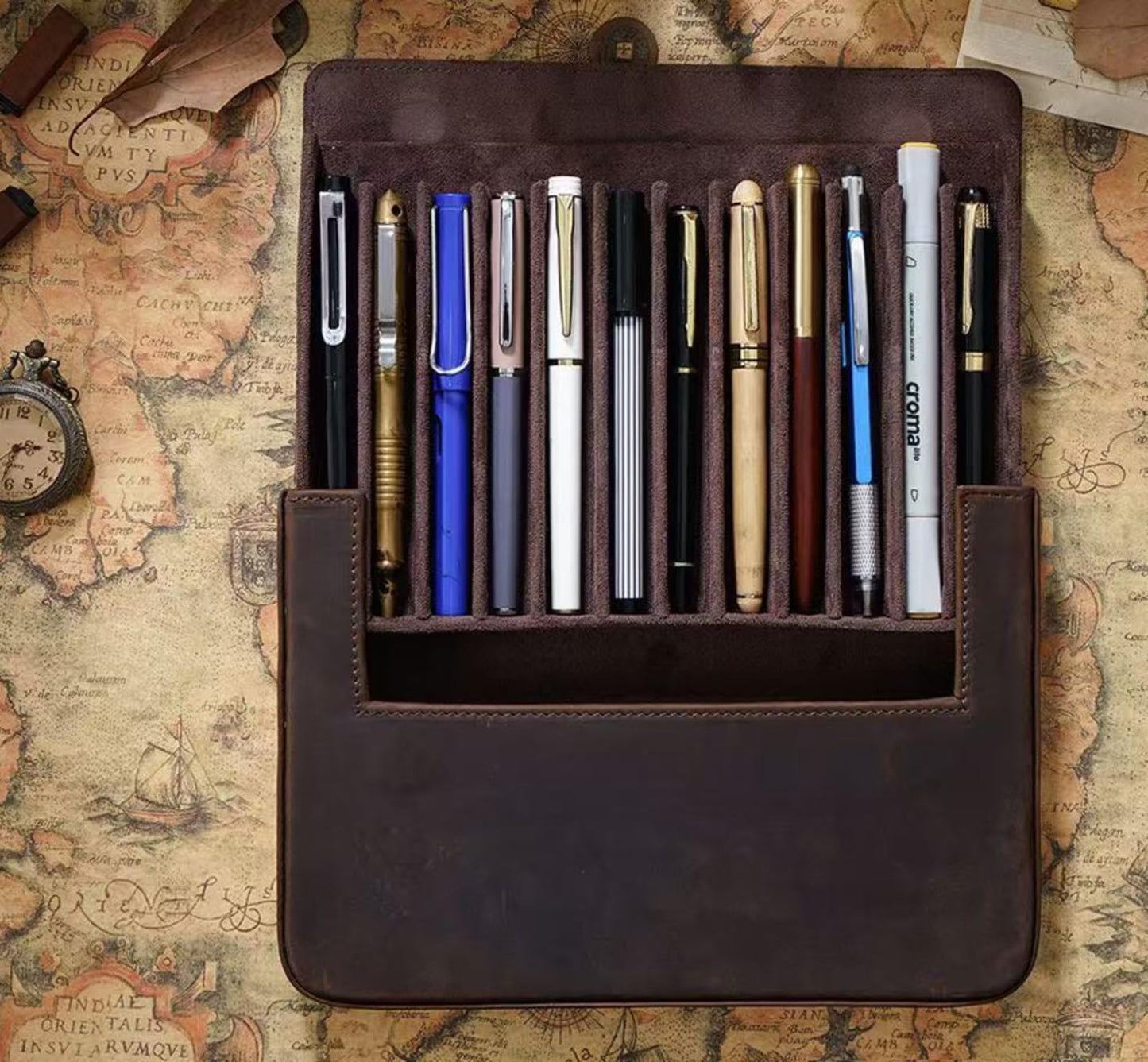 UPRESYE Leather Fountain Pen Case Collector Organizer, Pencil Case Handmade Pen Protective Sleeve (Magnetic 12 slots)