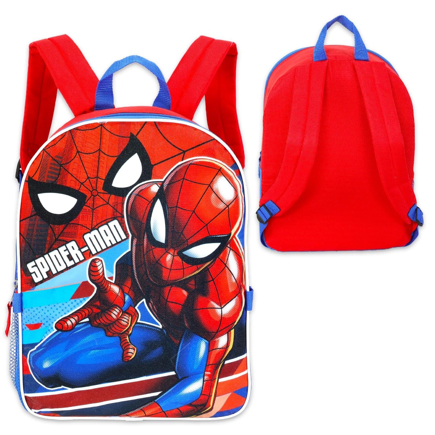 Marvel Spiderman Backpack with Lunch Box Set - 5 Pc Bundle of 15" School Bag for Kids, Lunch Bag, Stickers, More Spiderman School Supplies