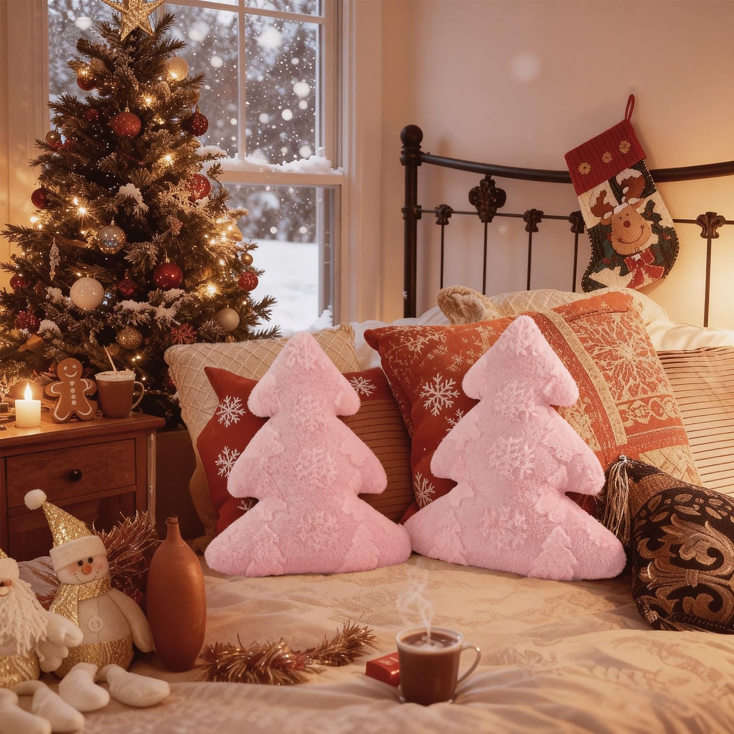 Lanpn Christmas Tree Pillows Set of 2, Snowflake & Tree Christmas Decoration Winter Soft Cute 3D Shaped Xmas Tree Throw Cushion for Sofa Bedroom Xmas Decor (18x16 inch, Pink)