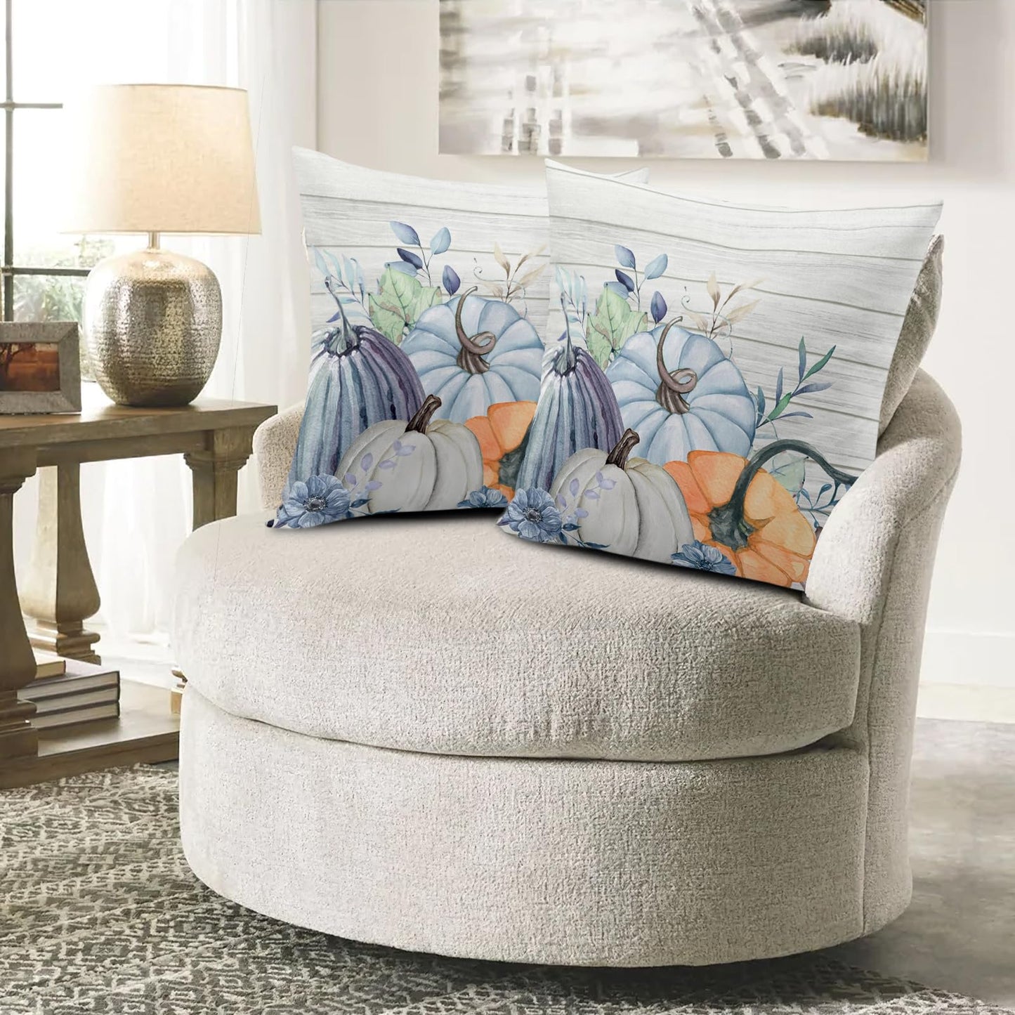 Wnoesat Fall Blue Teal Throw Pillow Covers 16x16 Pumpkin Leaves Print Pillow Cases Set of 2 Thanksgiving Decorations Autumn Harvest Holiday Cushion Cover for Farmhouse Living Room Decor