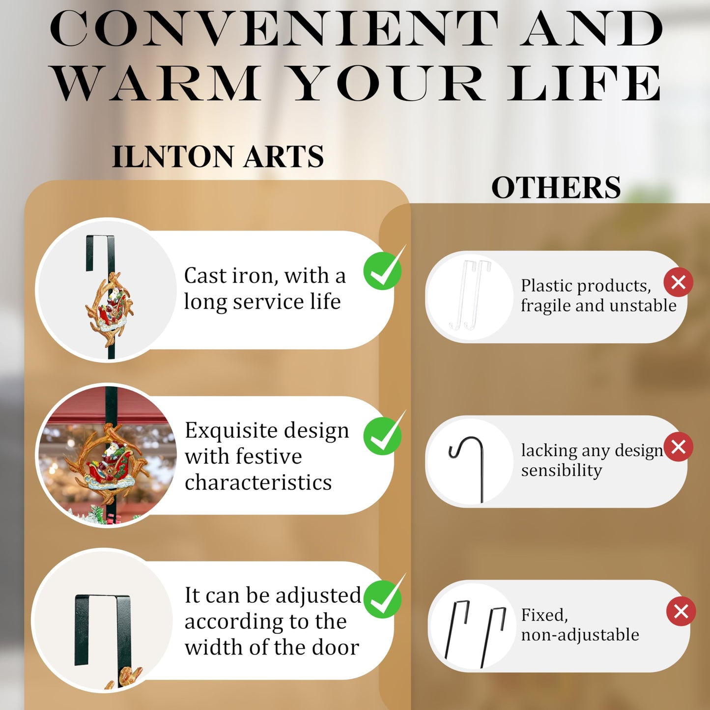 Linton Arts Cast Iron Over The Door Hook, Adjustable Decorative Wreath Hanger with Deer Antler Design, Heavy Duty Door Hook for Front Door, Entryway & Bedroom Decor