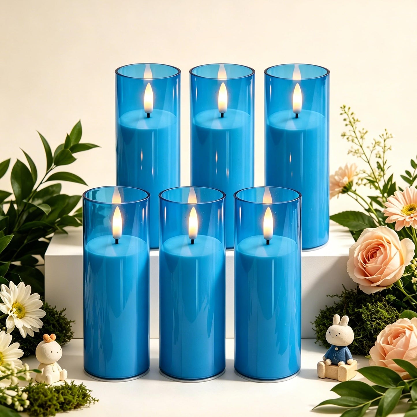 iZAN Flameless Candles with Remote and Timer Plexiglass Shell Battery Operated LED Pillar Candle Lights for Home Wedding Party Halloween Christmas Decorations, Pack of 6, 2”x 6”, Blue