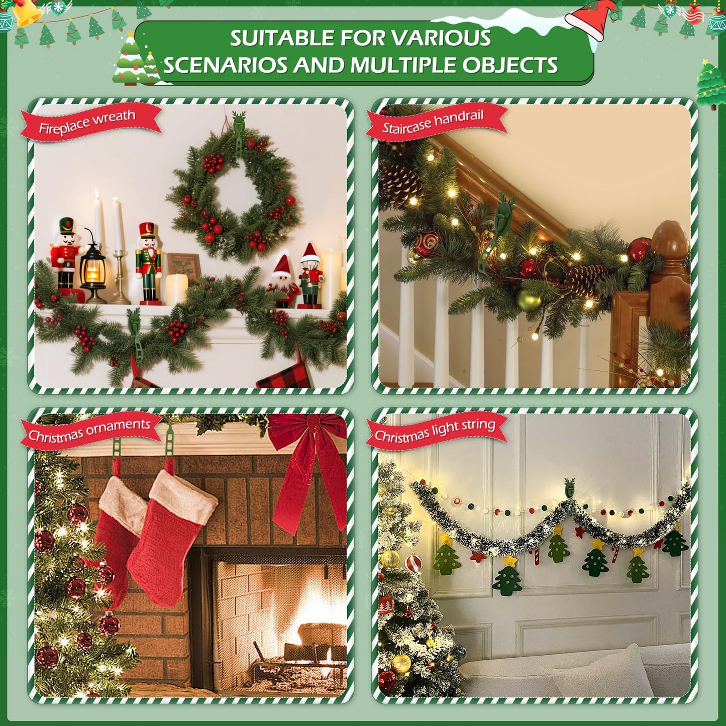 YIBOBO 18 Pcs Christmas Garland Hangers with Locking Buckle, Reindeer Design Adhesive Hooks for Stair Railing Fireplace Mantle Door, Reusable Silicone Stocking & Ornament Holders, Green (Deer, 18)