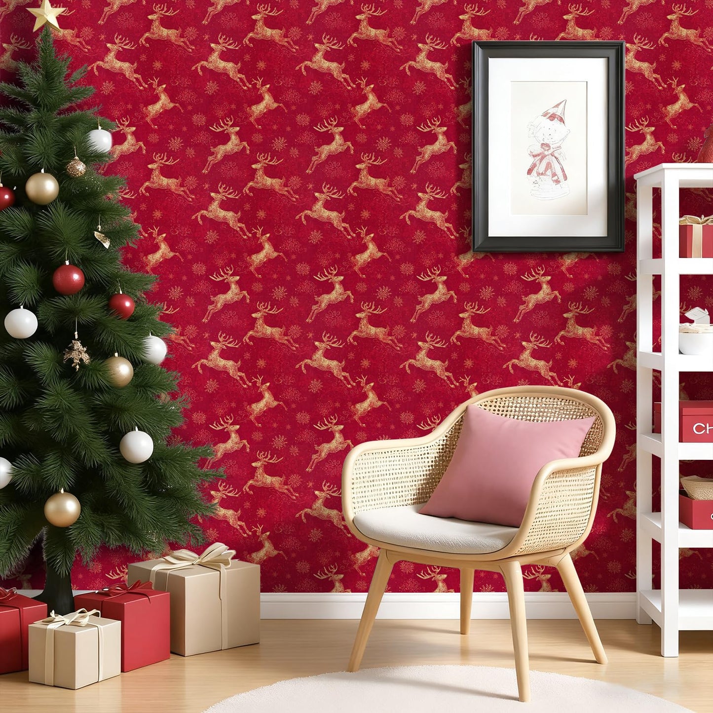 Timeet Peel and Stick Christmas Wallpaper Gold Reindeer Contact Paper Snowflake Holiday Wall Paper Decor on Red Background Removable Self-Adhesive Wallpaper Vinyl Christmas Decor 17" x 196.8"
