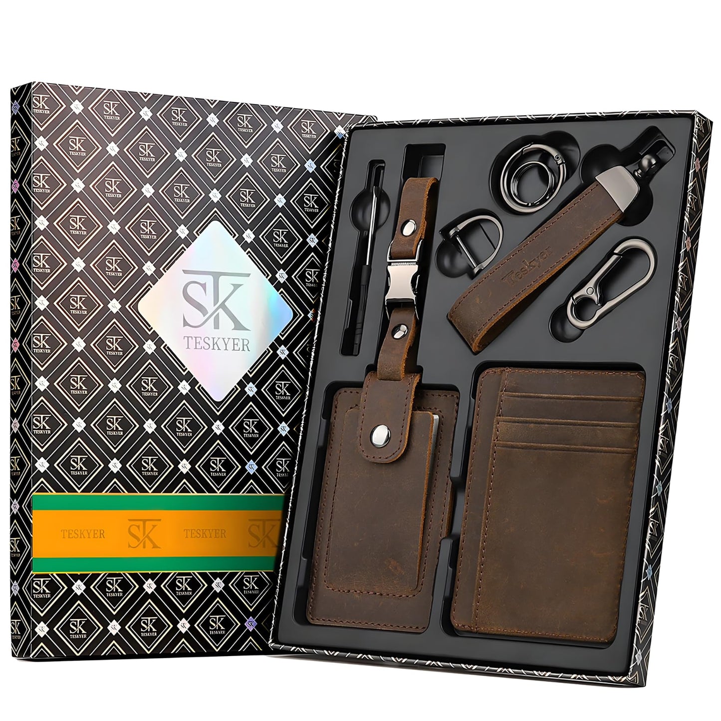 Teskyer Leather Gifts for Men, Premium Leather Gift Set with Slim Wallet, Travel Luggage Tag & Car Keychain, Elegant Gift Box for Father's Day, Birthday, Anniversary, Retirement & Graduation - Coffee