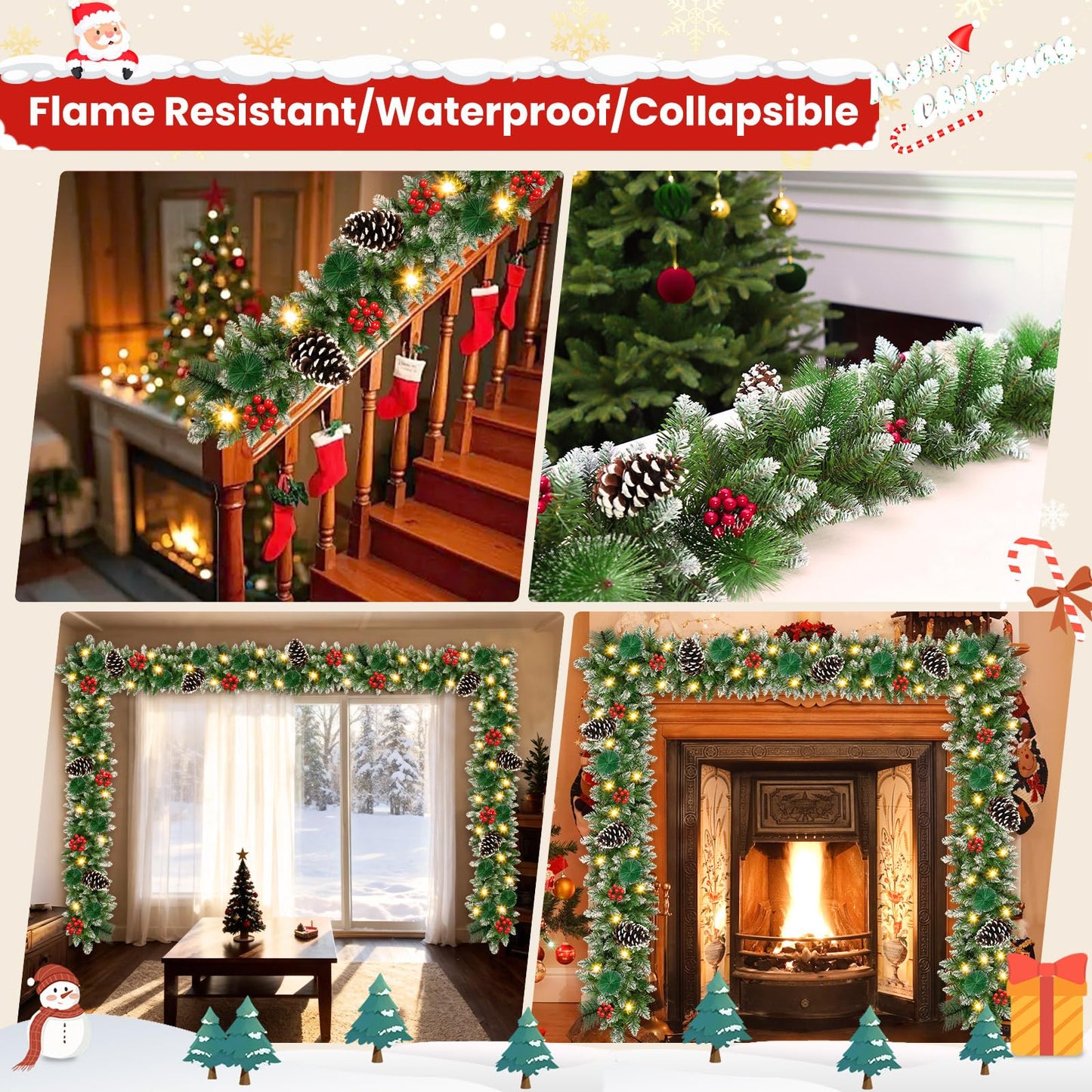 Christmas Garland with Lights 9 FT Artificial Christmas Garland 250 Pieces of Green Rattan Christmas Garland Holiday Artificial Decor for Stairs Wall Door Indoor Outdoor Garland