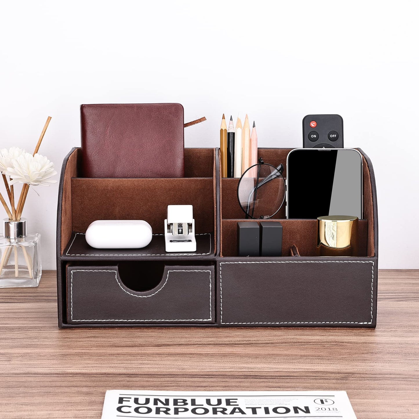 KINGFOM Pu Leather Desk Organizer Pen Pencil Holder Office Supplies Caddy Storage Box 6 Compartments with Drawer Brown