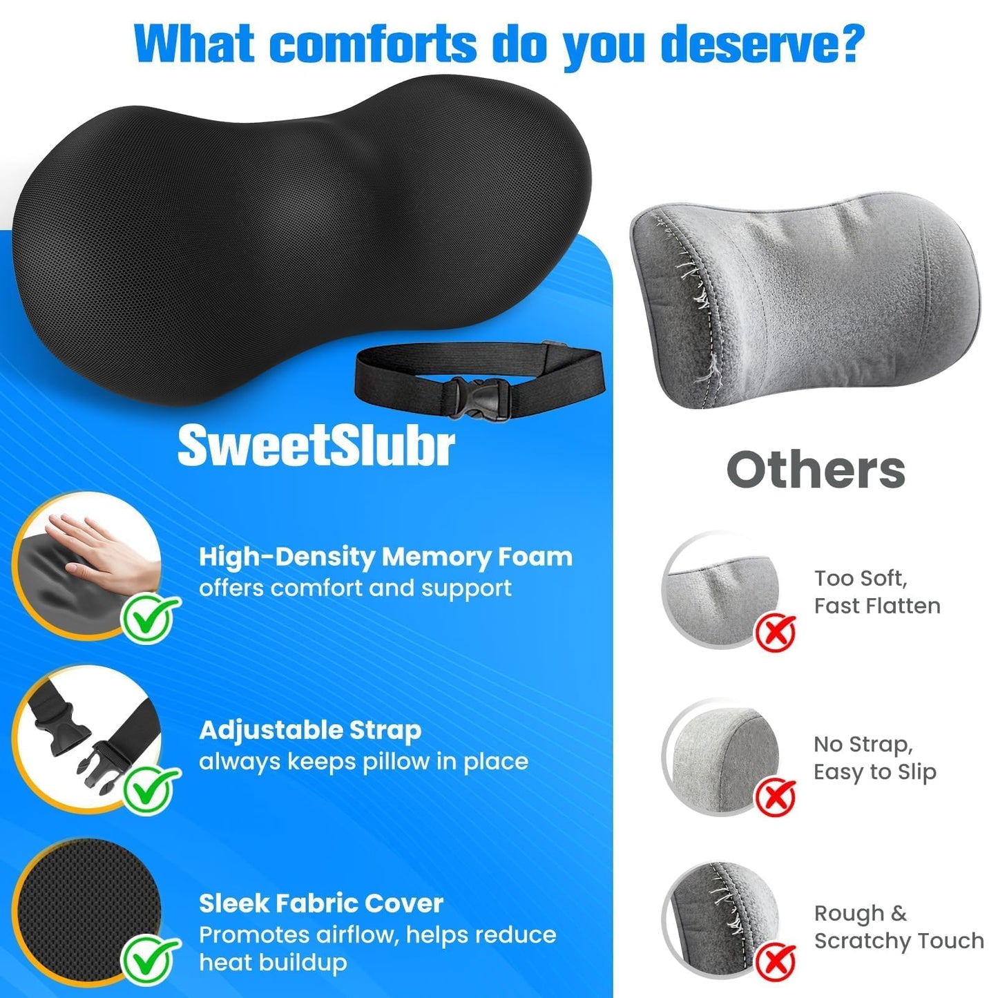SweetSlubr Lumbar Support Pillow for Office Chair - Memory Foam Lumbar Pillow with Detachable Strap & Breathable Cover, Ergonomic Back Support for Office Chair, Car Seat Cushion, Bed Rest (Black)
