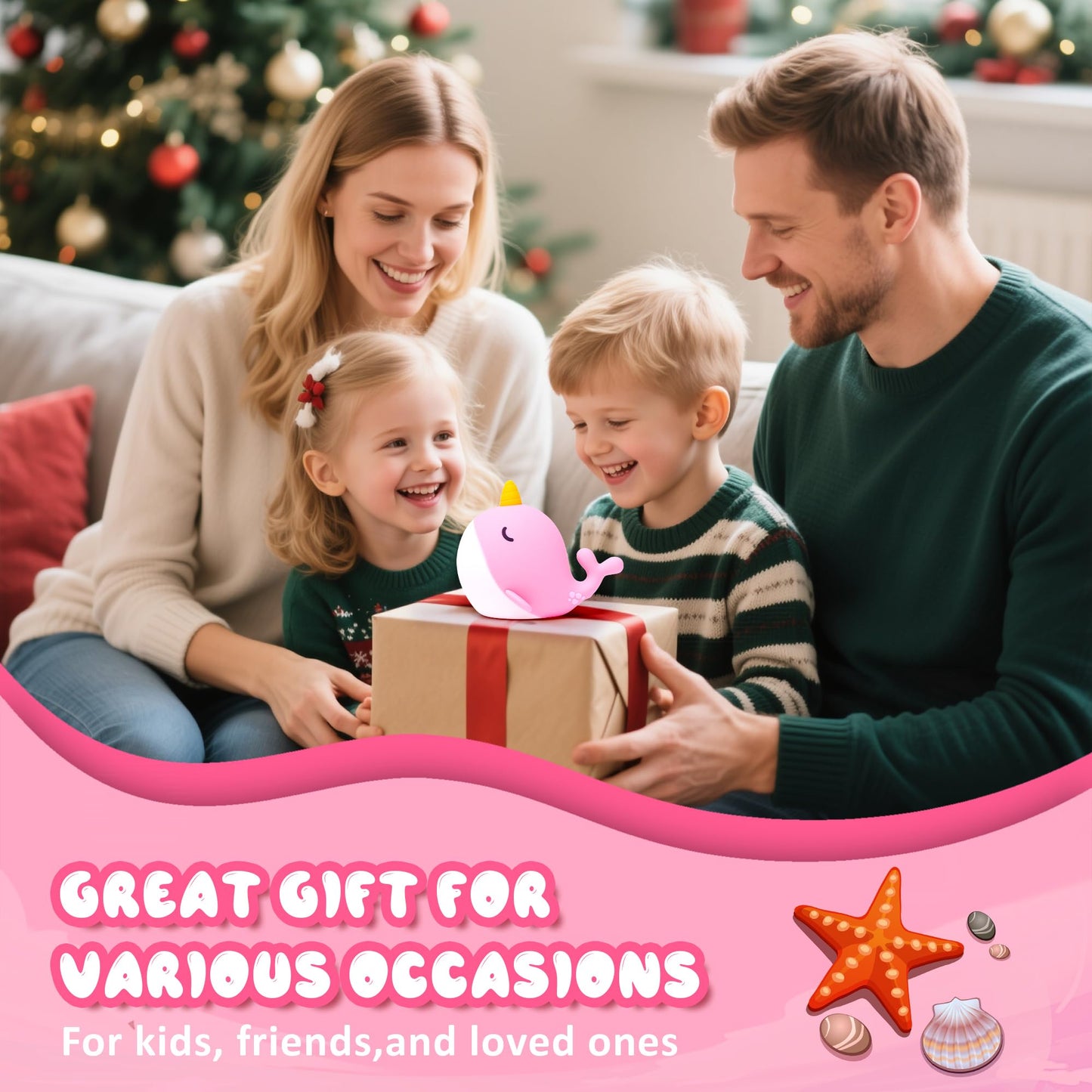 Ammonite Pink Narwhal Night Light, Soft Silicone Whale Nursery Lamp with 3 Dimming Levels and 30-Minute Timer, Touch Control Nightlight for Bedroom Decor, Christmas Birthday Gift