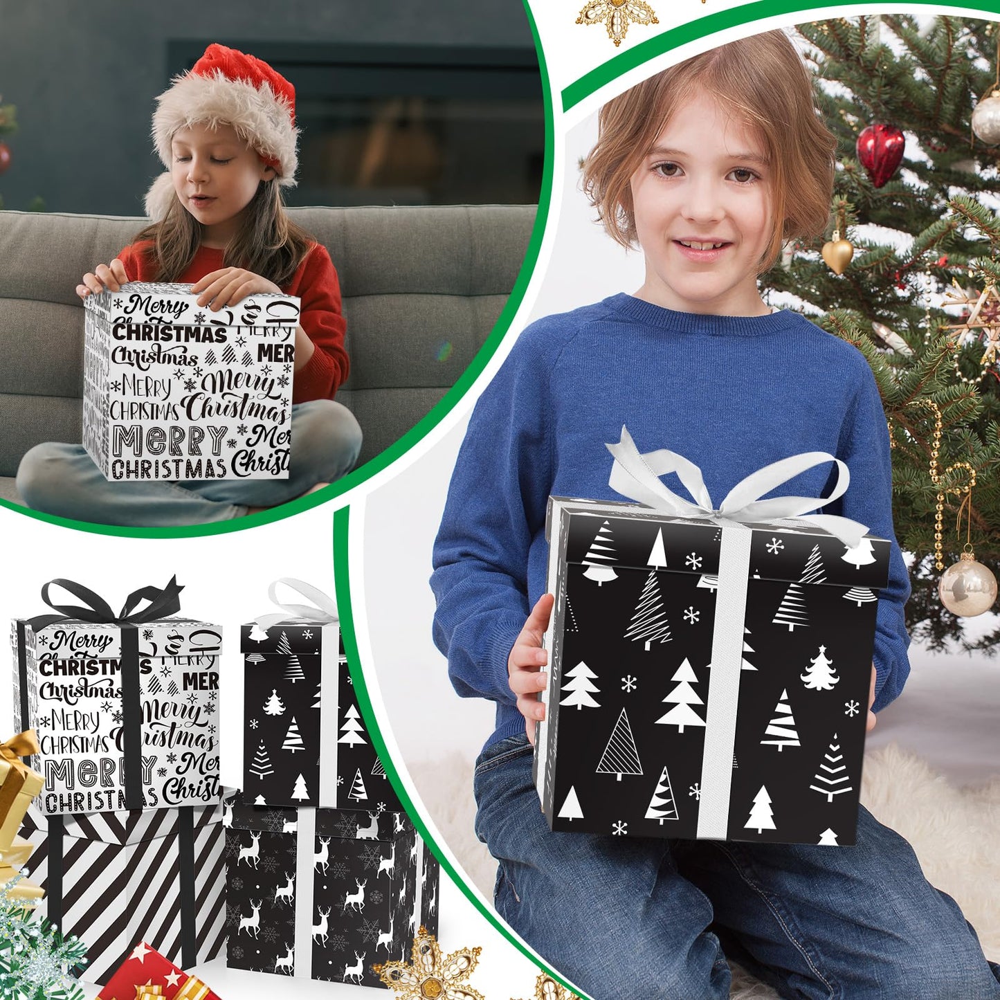Cinrobiye 4 Pcs Christmas Gift Boxes with Lid,Ribbon and Tissue Papers,9" Black and White Christmas Winter Square Cardboard Box for Gift Wrapping Holiday Present Birthday Assorted Design (Black White)