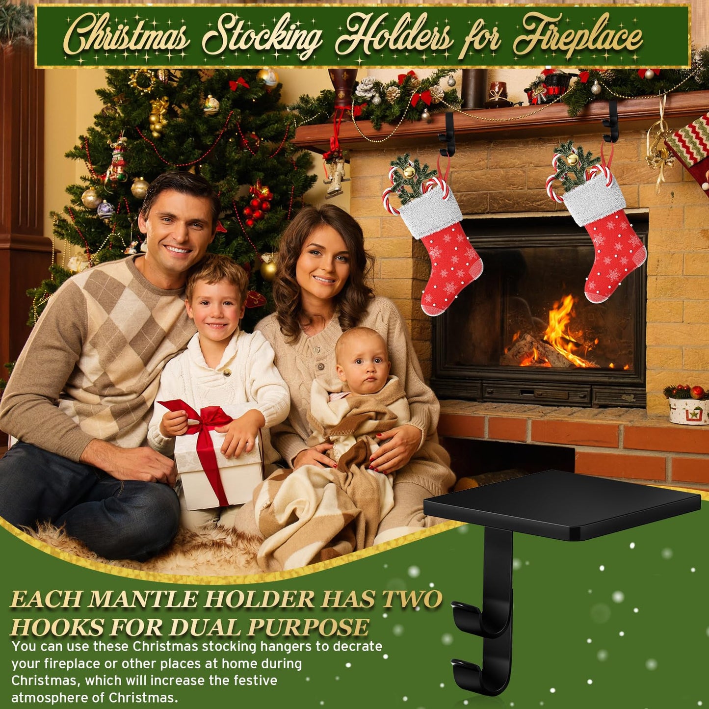 Zhengmy 2 Pcs 2 in 1 Fireplace Stocking and Garland Hangers Heavy Duty Metal Christmas Stocking Holder for Mantle, Two Hooks Hangers for Garland Balls Fireplace Xmas Holiday Party Decoration (Black)